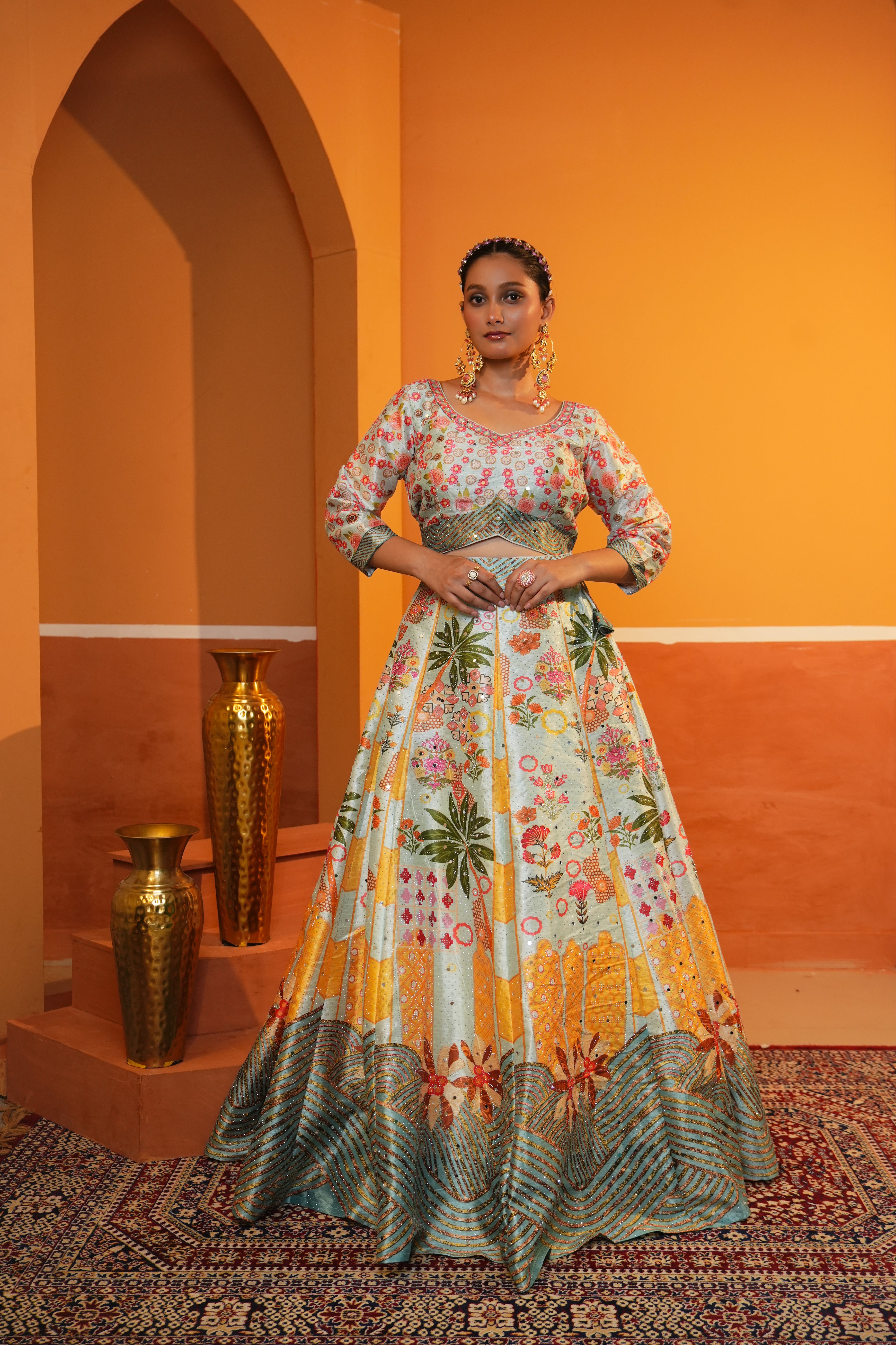 Pastel Mint Green Floral Butter Silk Lehenga Set