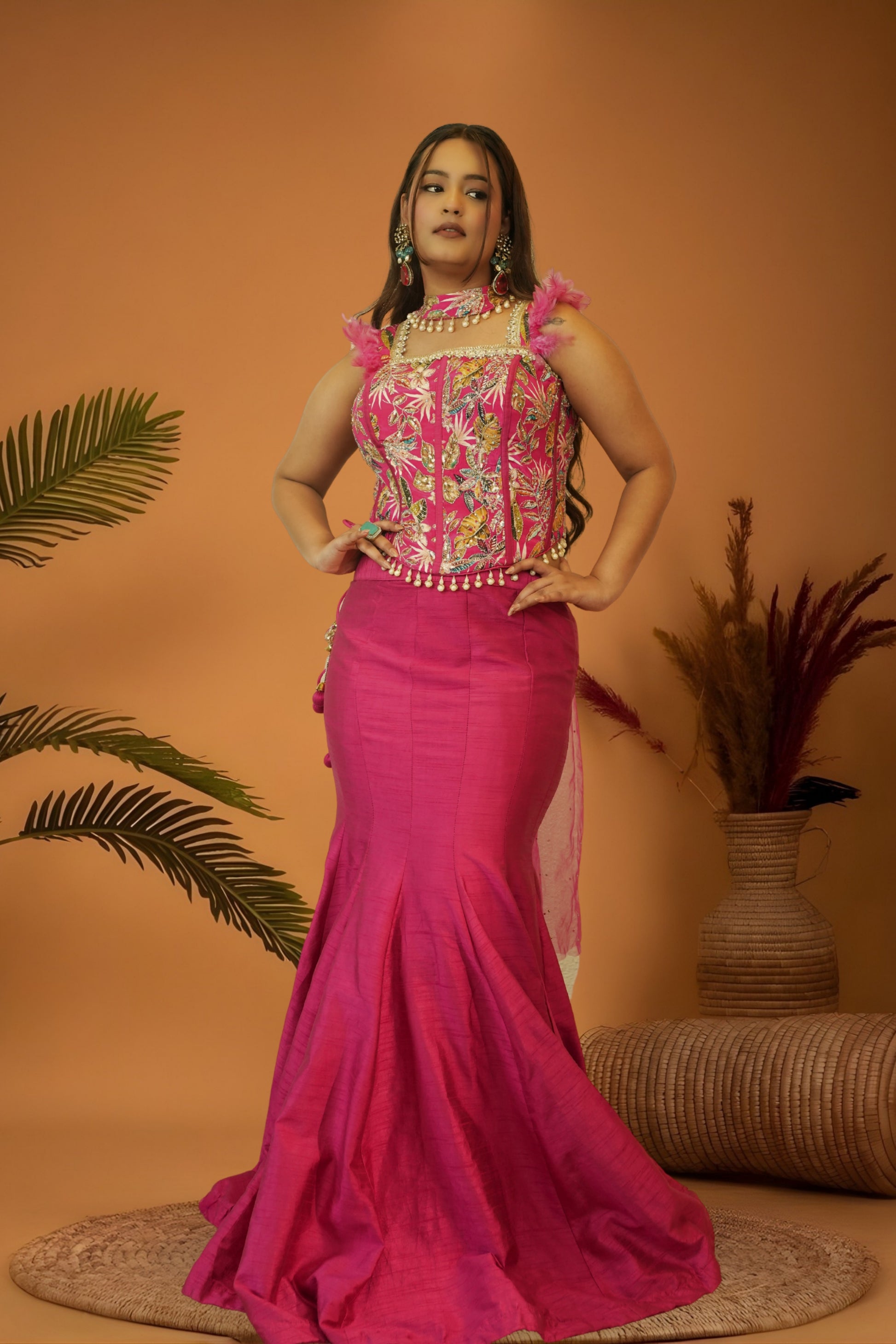 Fushcia Pink mermaid skirt crop top set