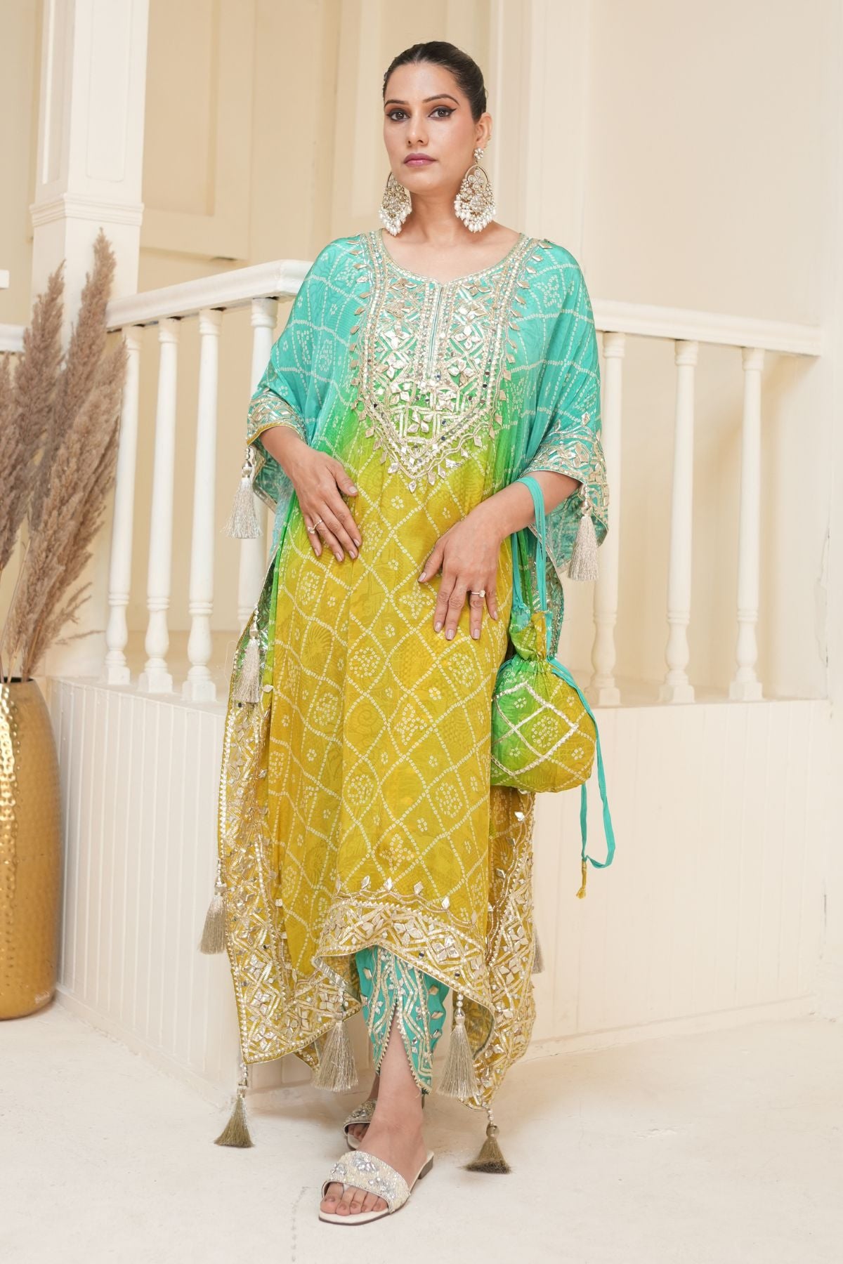 Mustard Yellow Bandhej Ombre Kaftan Set