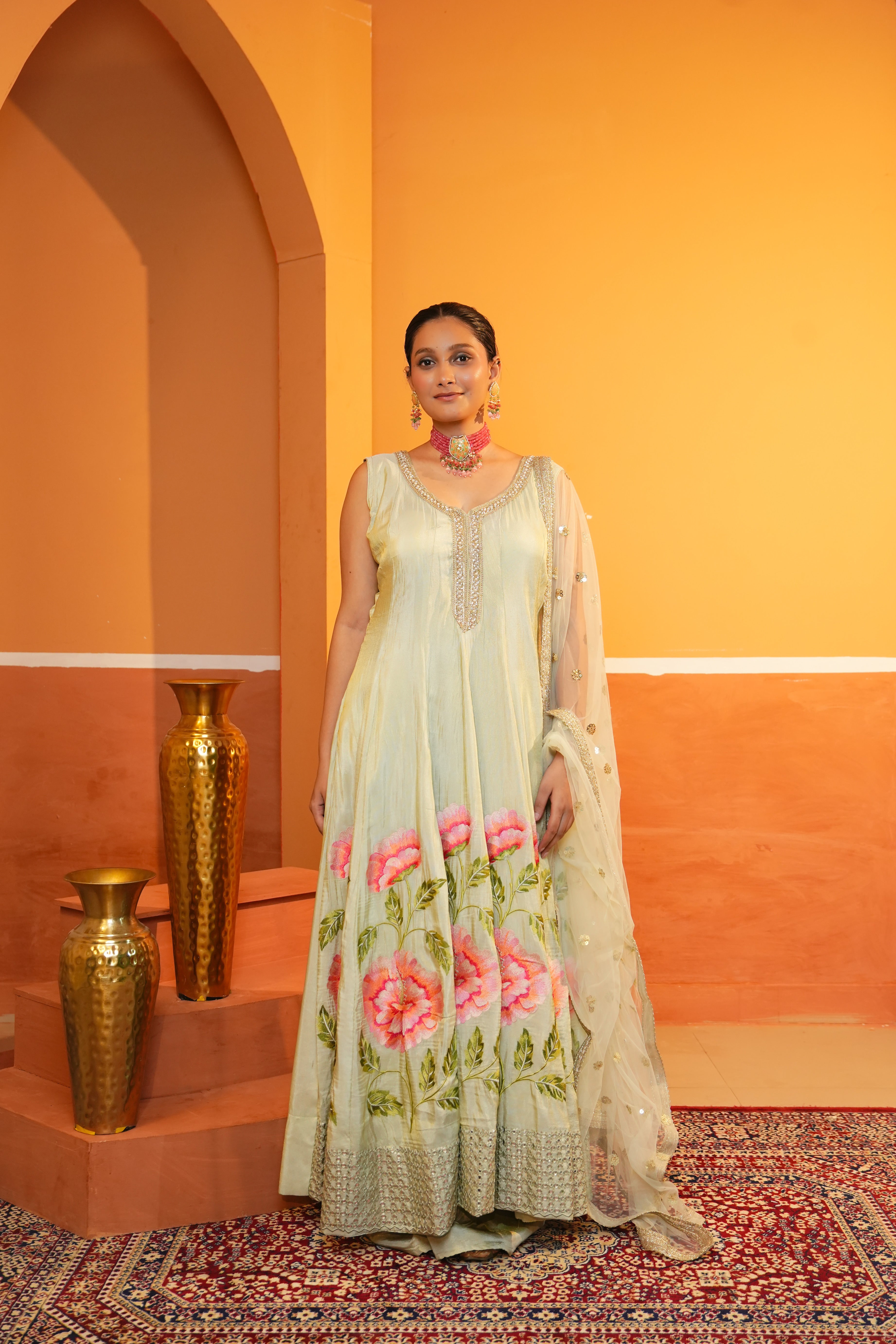 Pastel Light Green Silk Anarkali Set