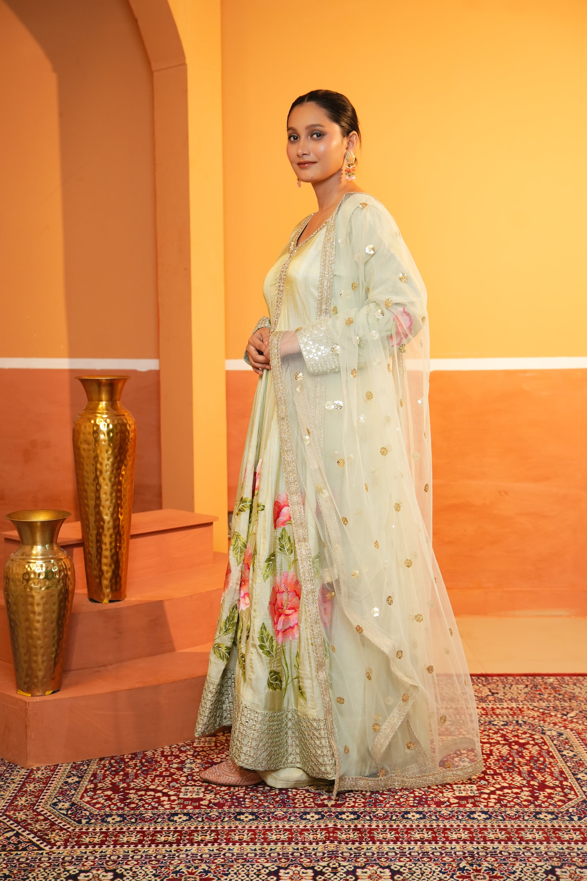 Pastel Light Green Silk Anarkali Set