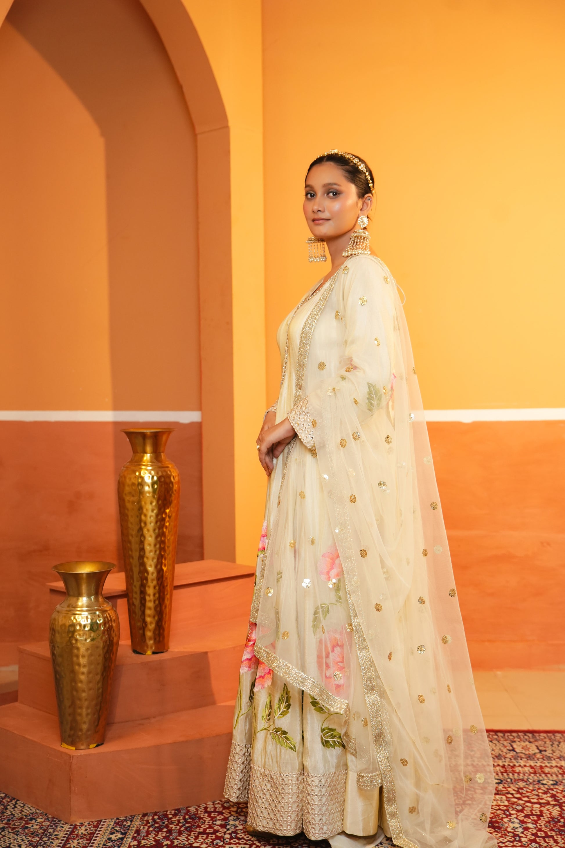 Golden Beige Silk Anarkali Set