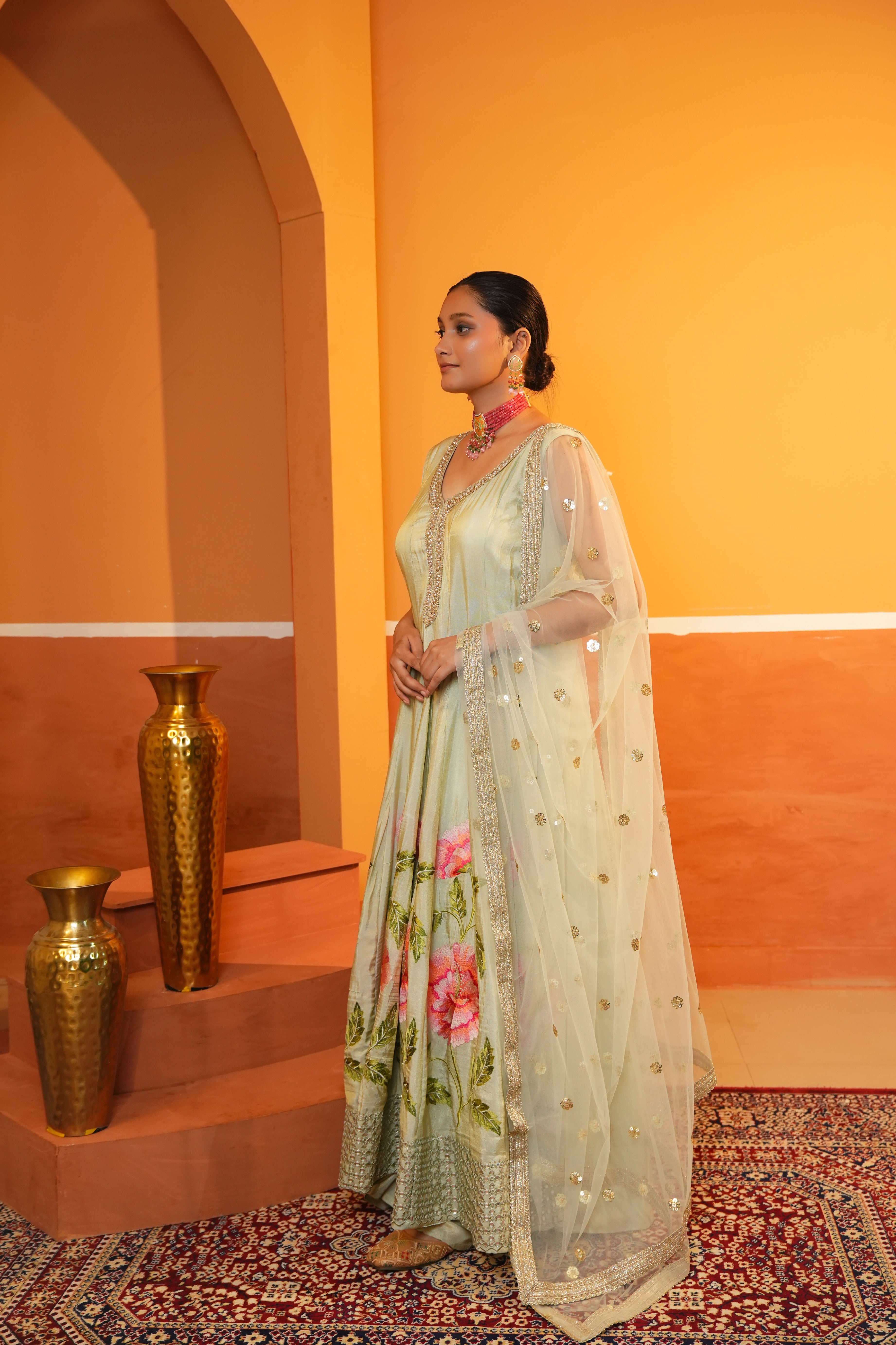 Pastel Light Green Silk Anarkali Set