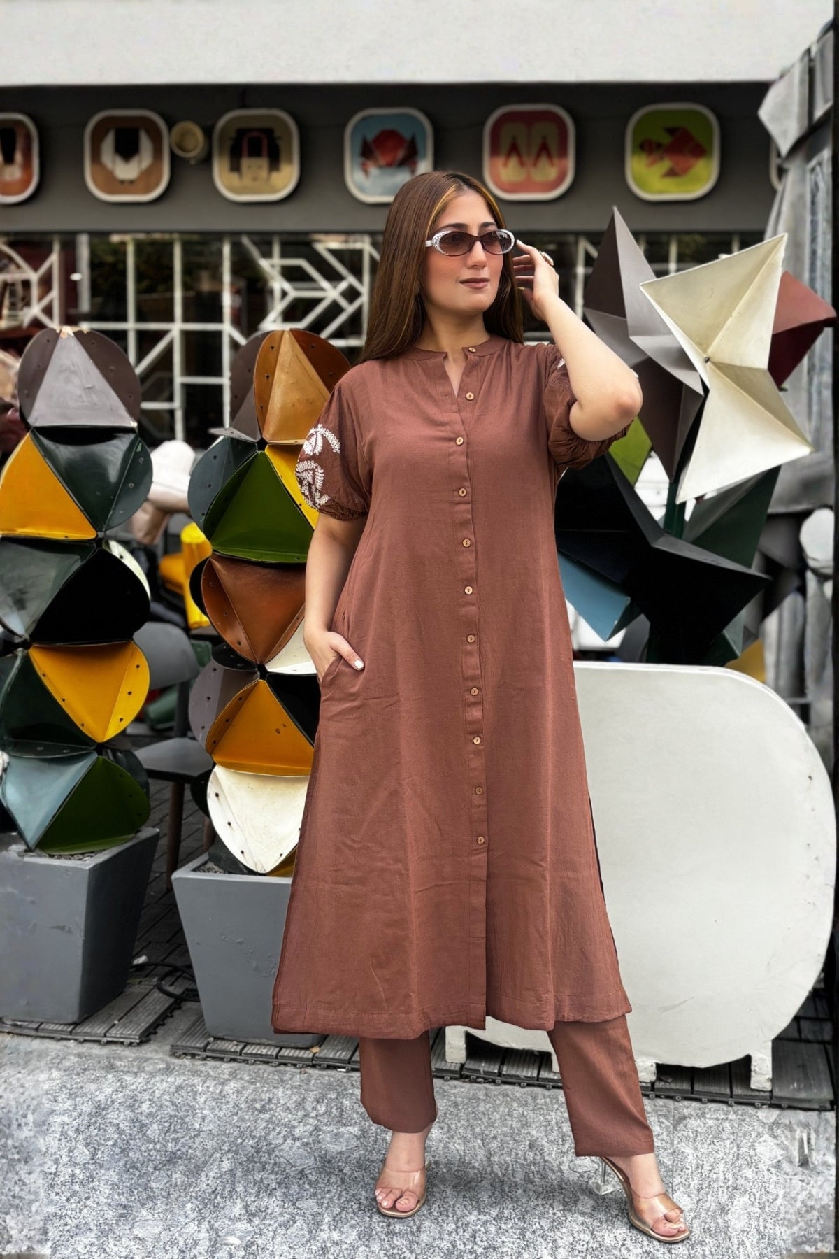 Mocha Brown Embroidered Cotton Kurta with Pants