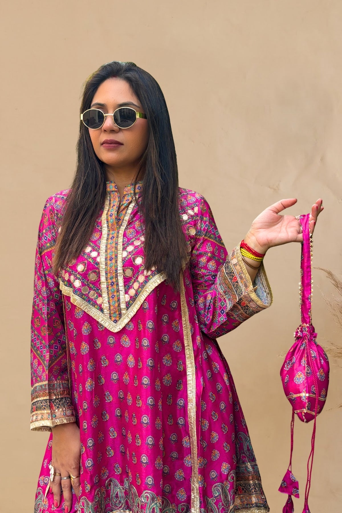 Pink Embellished Chinon Silk Kaftan Set