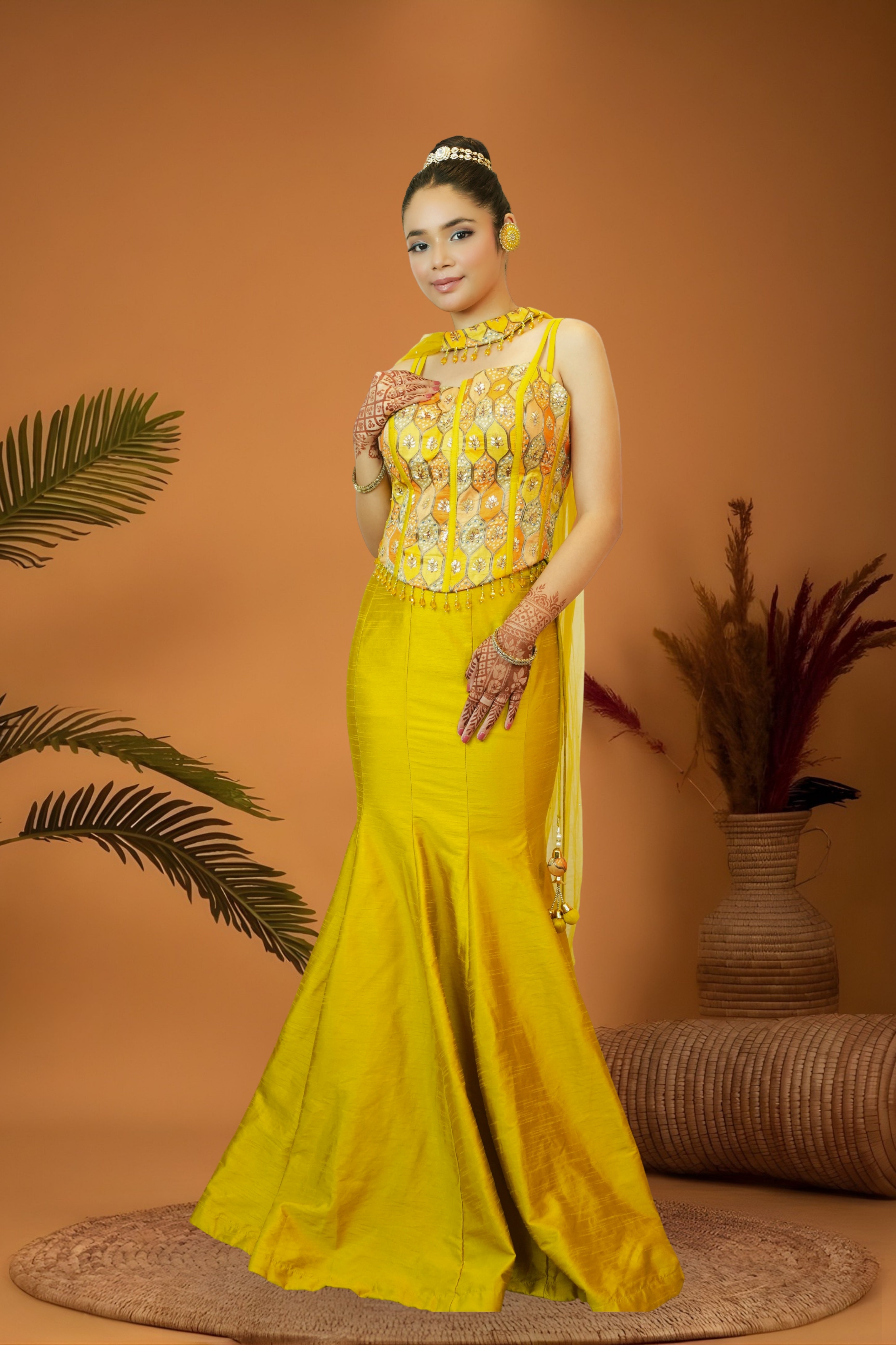 Yellow Glam Brocade Corset Blouse Mermaid Skirt Set