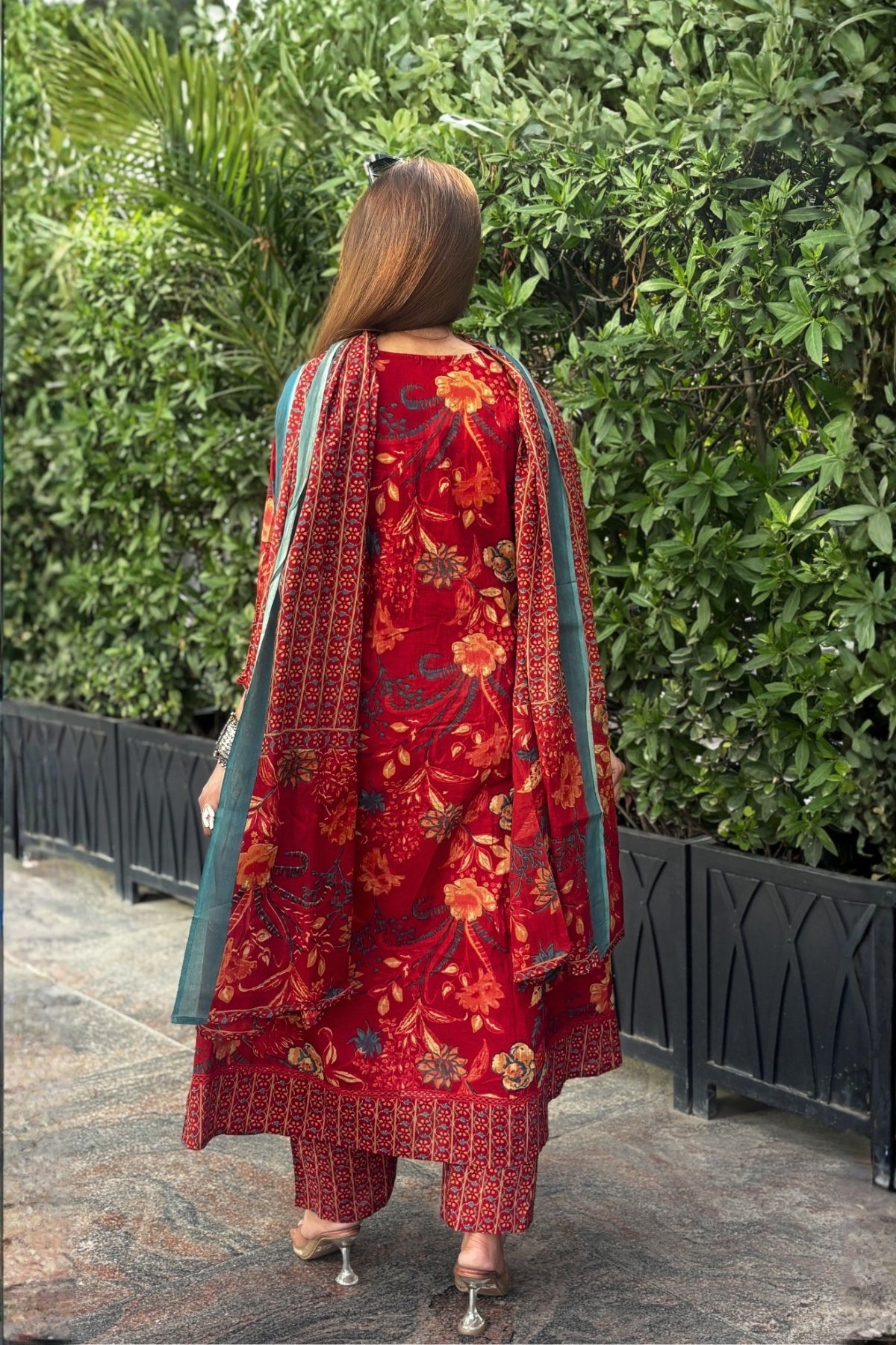 Gulnaar Rust Red Floral Printed Embroidered Suit Set
