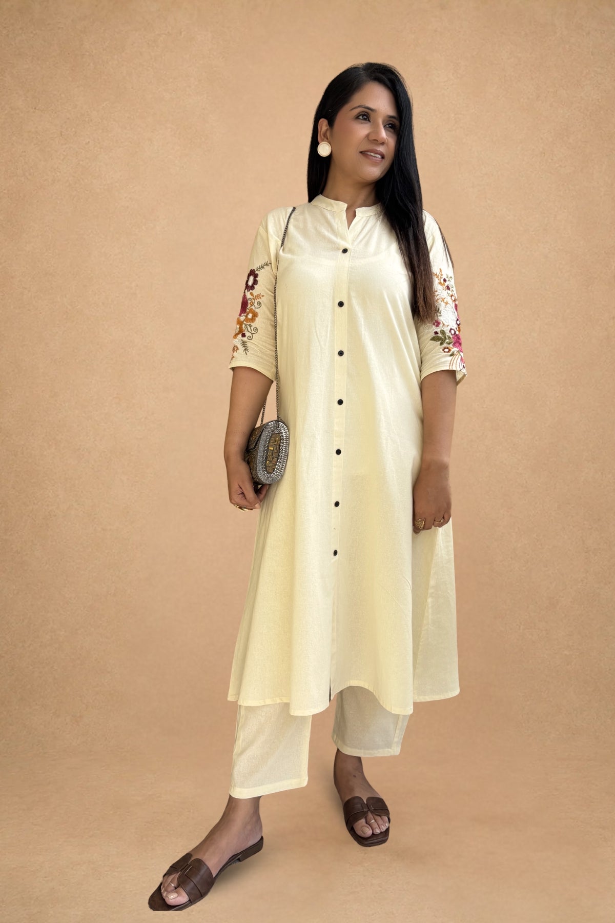 Off White Bloom Embroidered Cotton Kurta with Pants