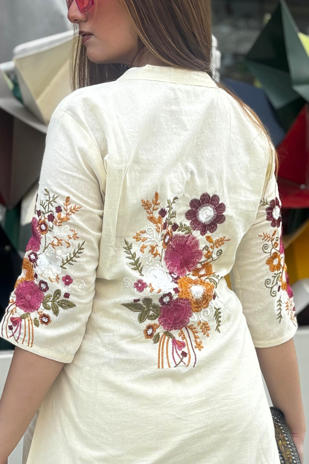 Off White Bloom Embroidered Cotton Kurta with Pants