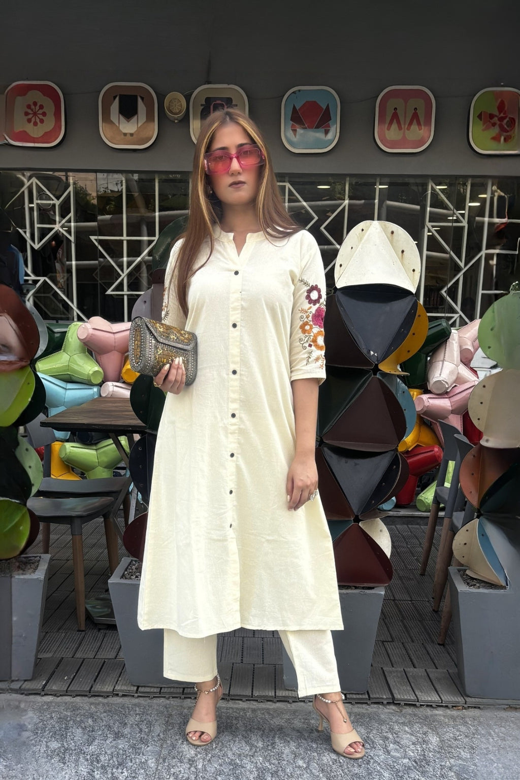 Off White Bloom Embroidered Cotton Kurta with Pants