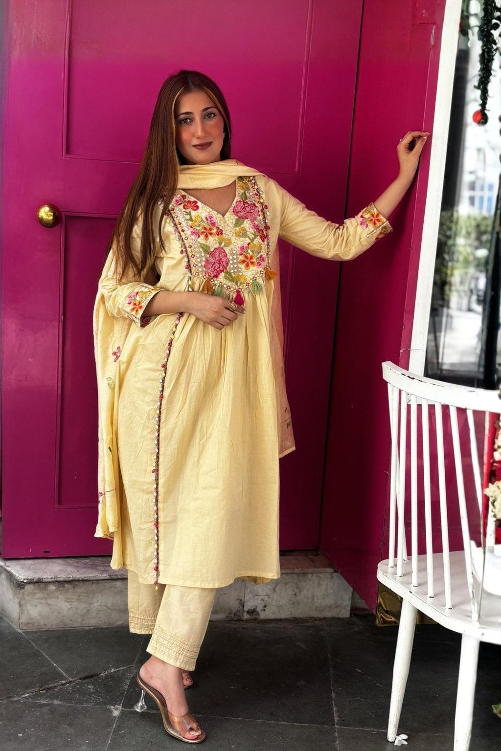Cream Floral Embroidered Cotton Anarkali Suit Set