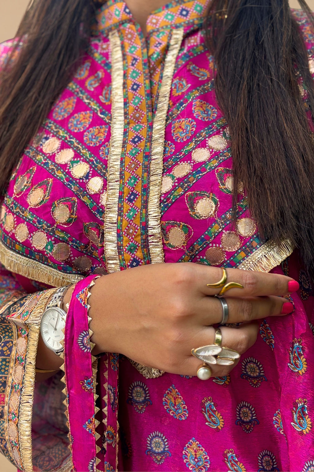 Pink Embellished Chinon Silk Kaftan Set