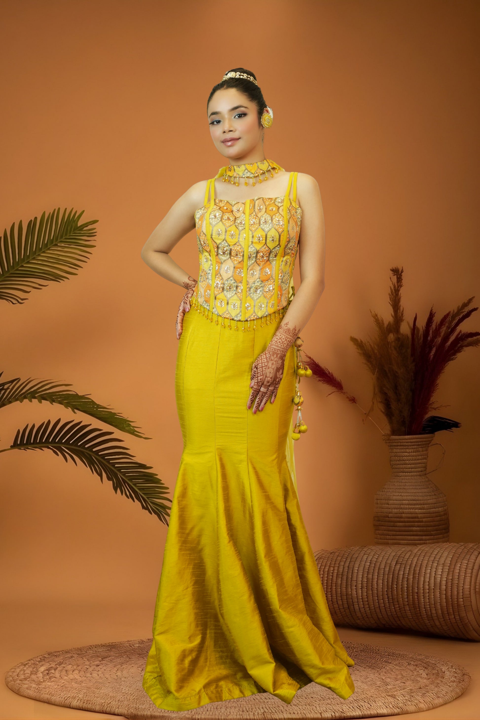 Yellow Glam Brocade Corset Blouse Mermaid Skirt Set