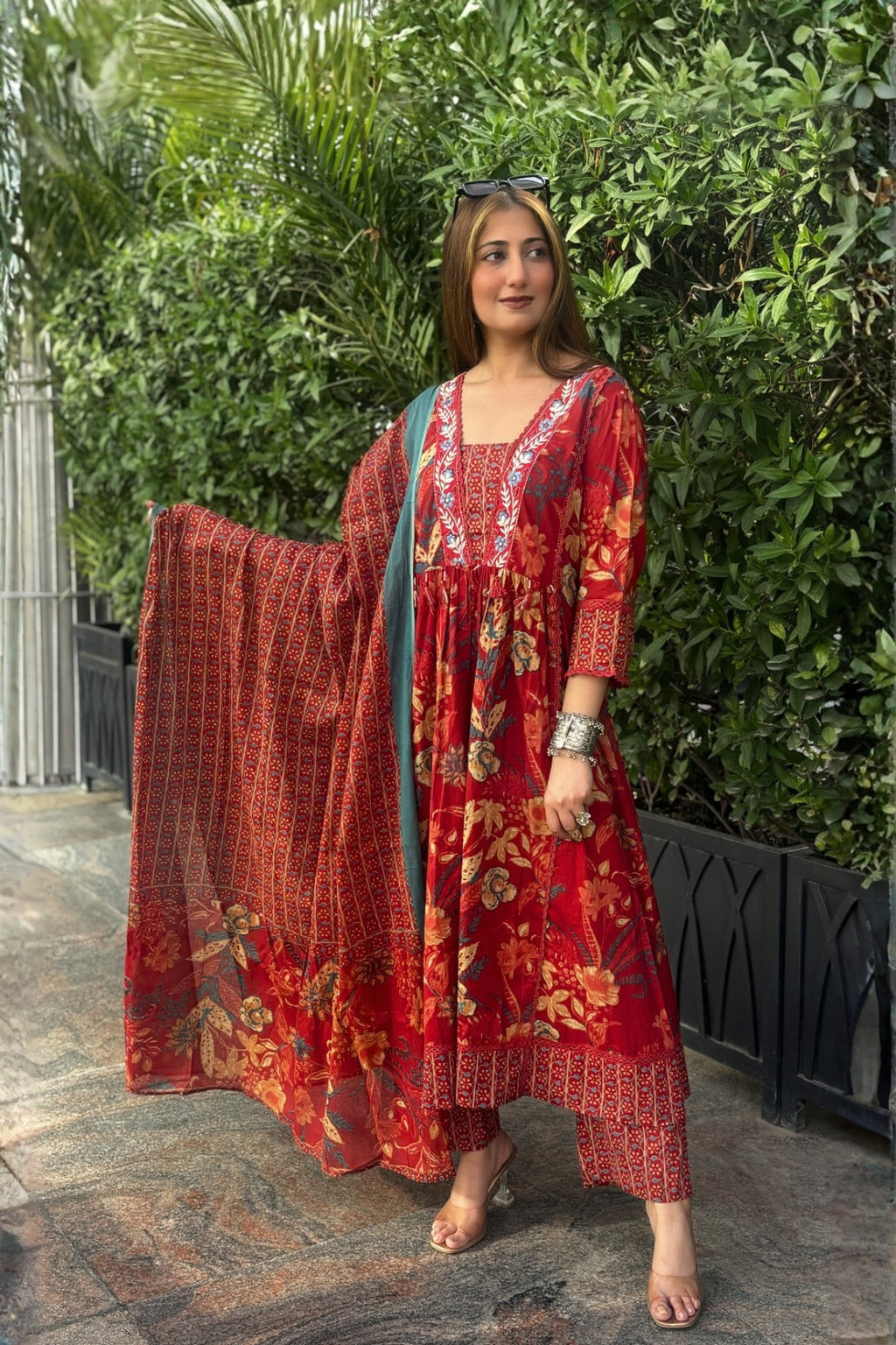 Gulnaar Rust Red Floral Printed Embroidered Suit Set