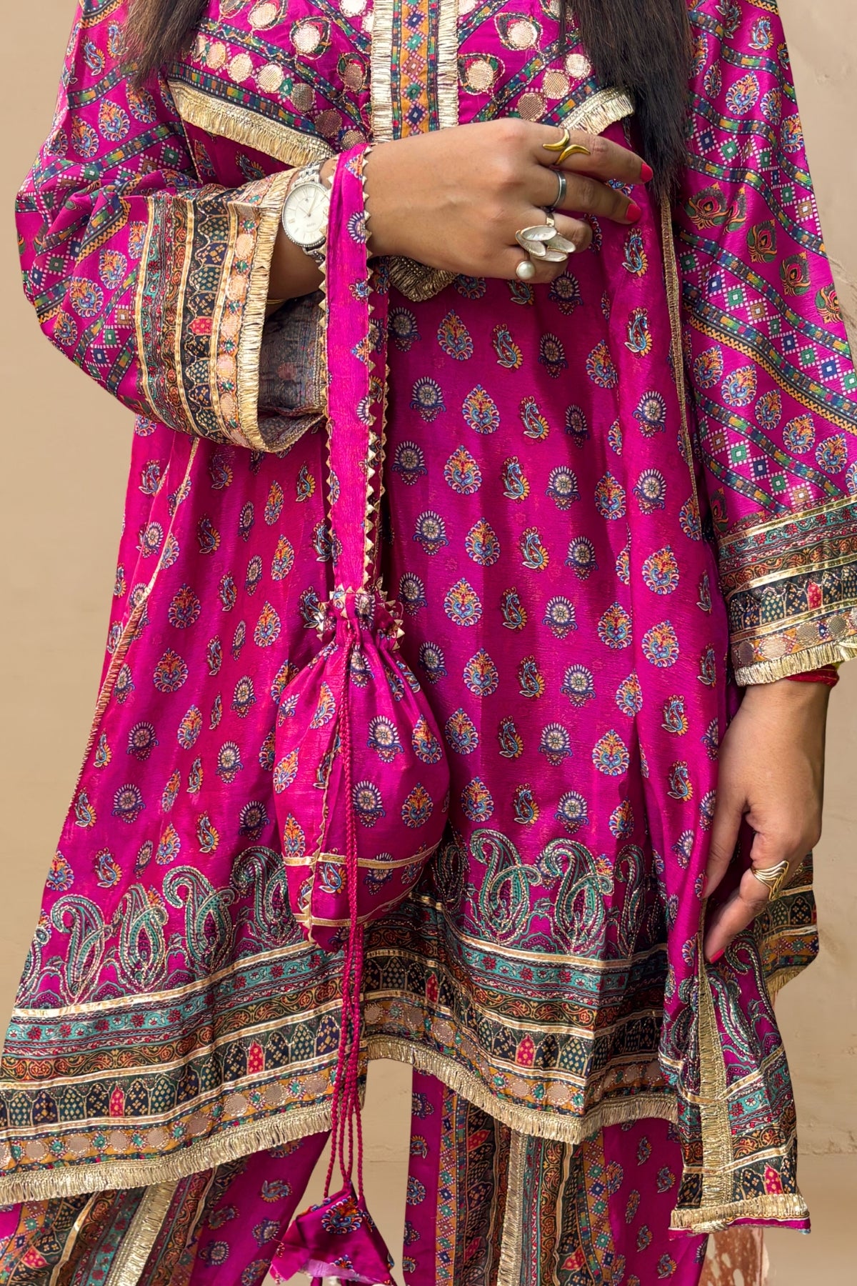 Pink Embellished Chinon Silk Kaftan Set