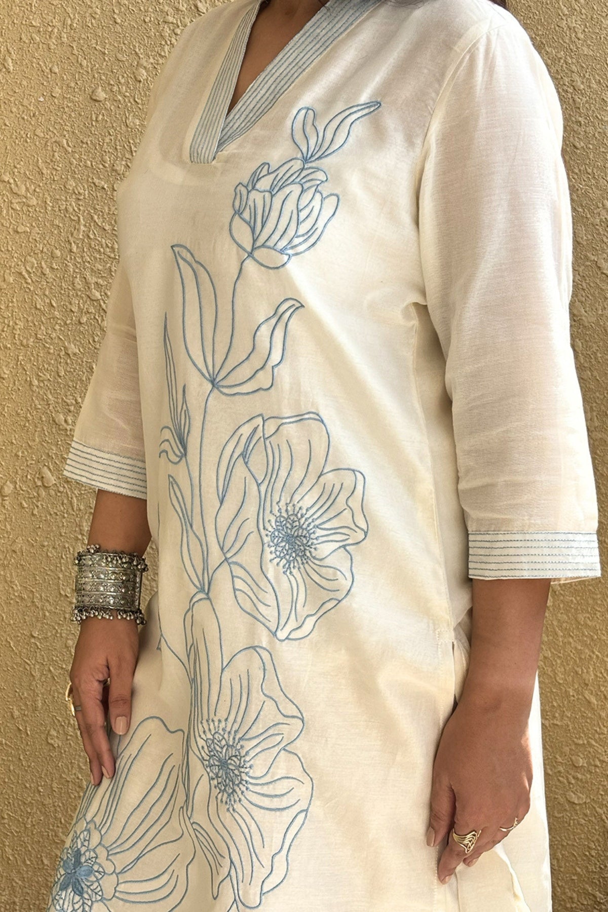 Off White Blue Embroidered Mul Cotton Suit Set