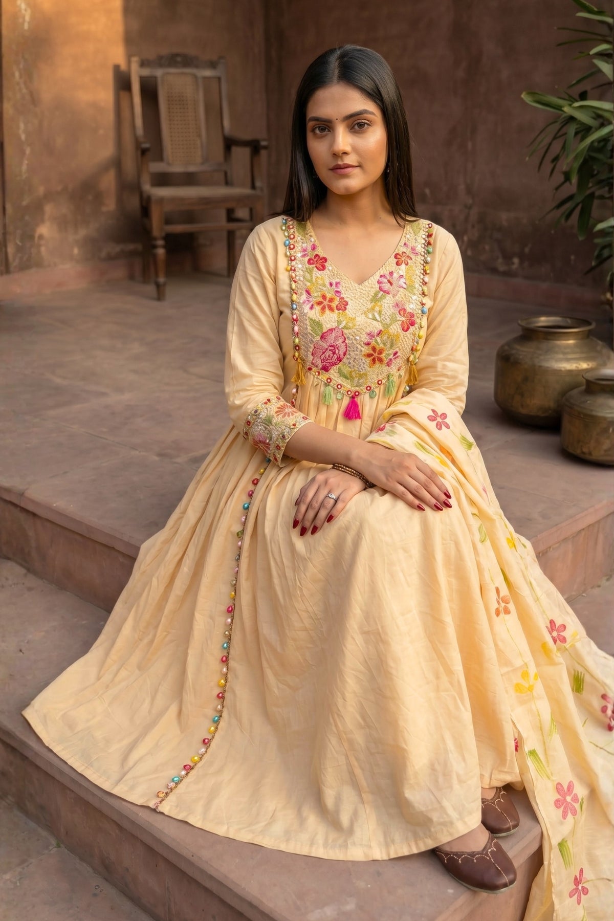 Cream Floral Embroidered Cotton Anarkali Suit Set