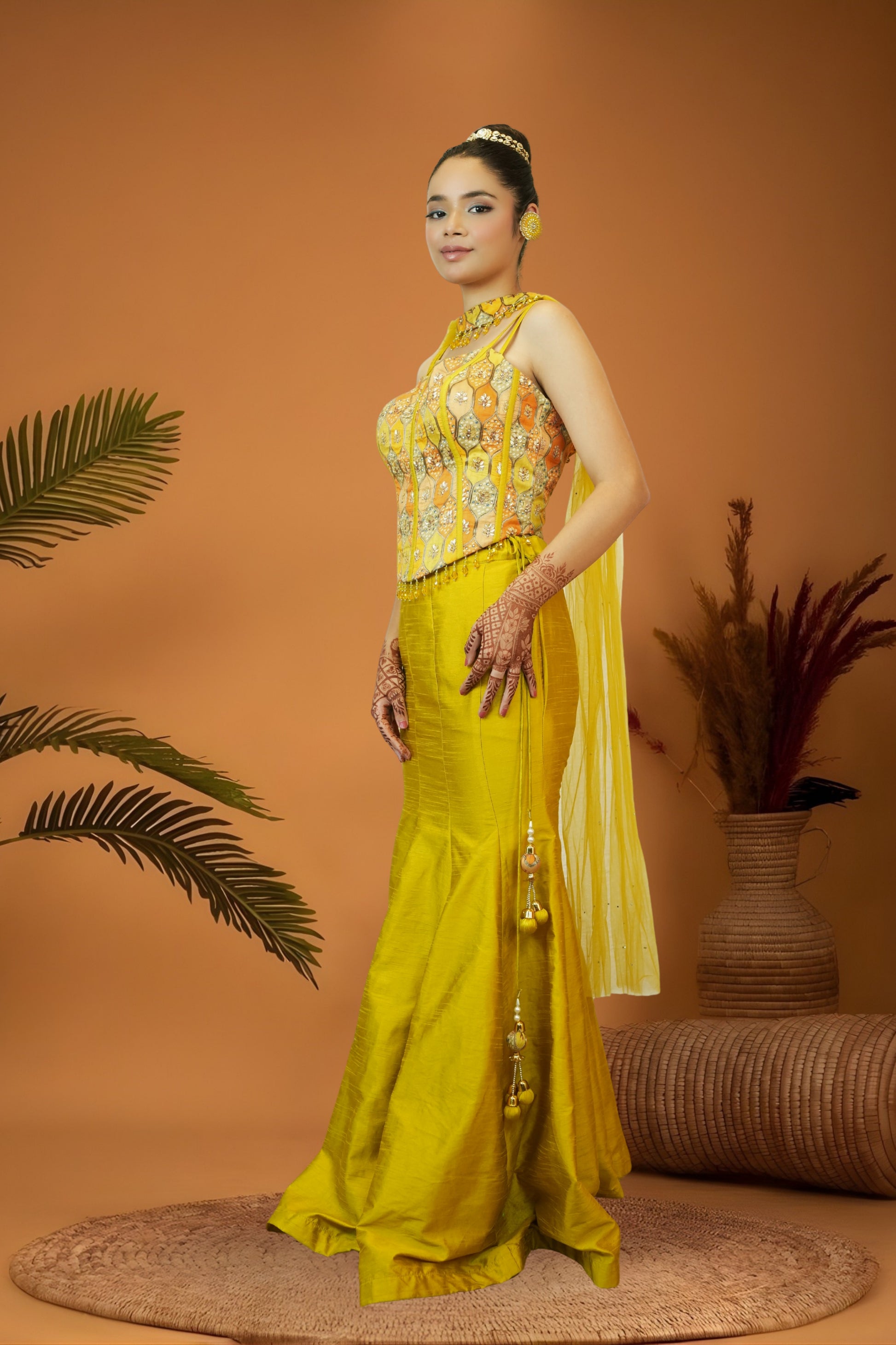 Yellow Glam Brocade Corset Blouse Mermaid Skirt Set