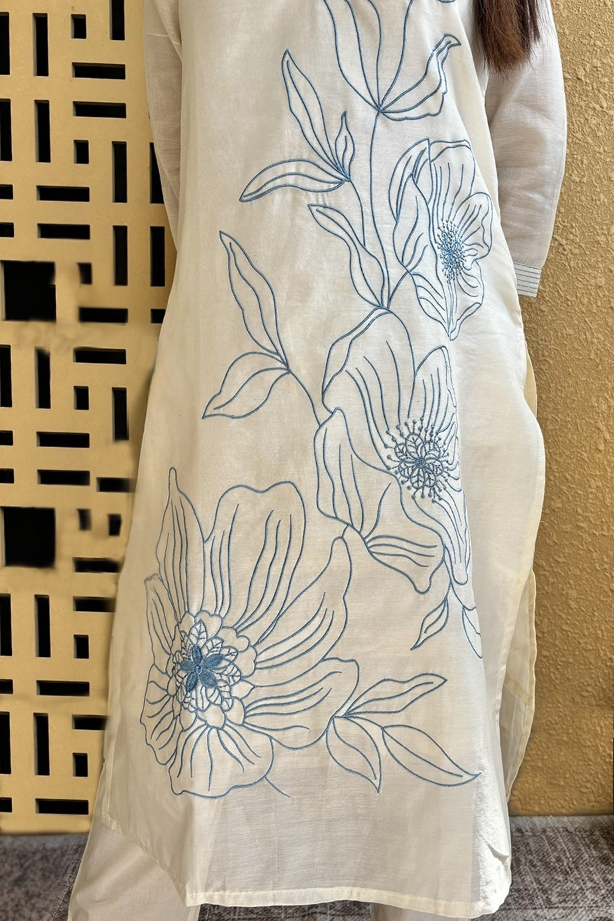 Off White Blue Embroidered Mul Cotton Suit Set
