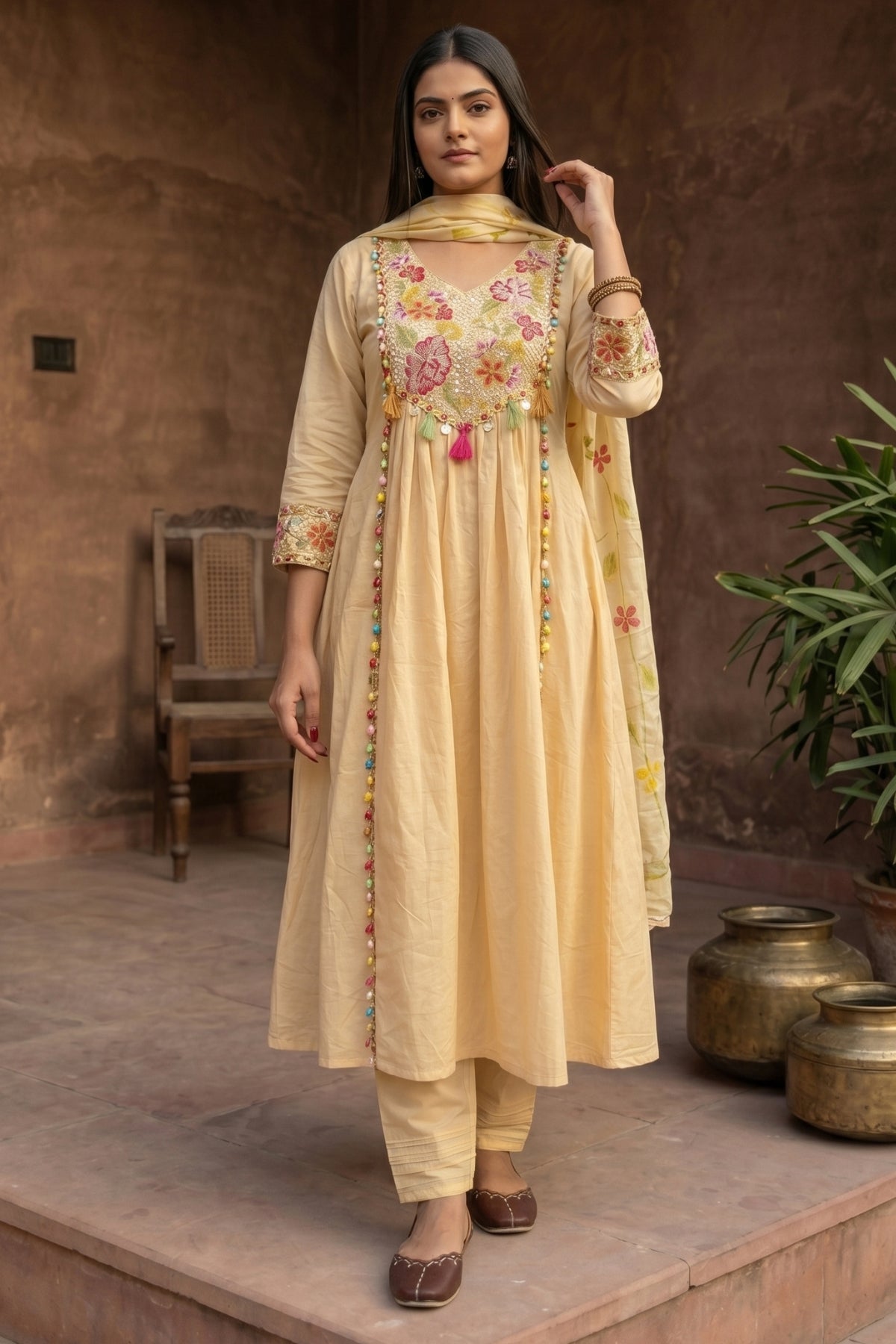 Cream Floral Embroidered Cotton Anarkali Suit Set