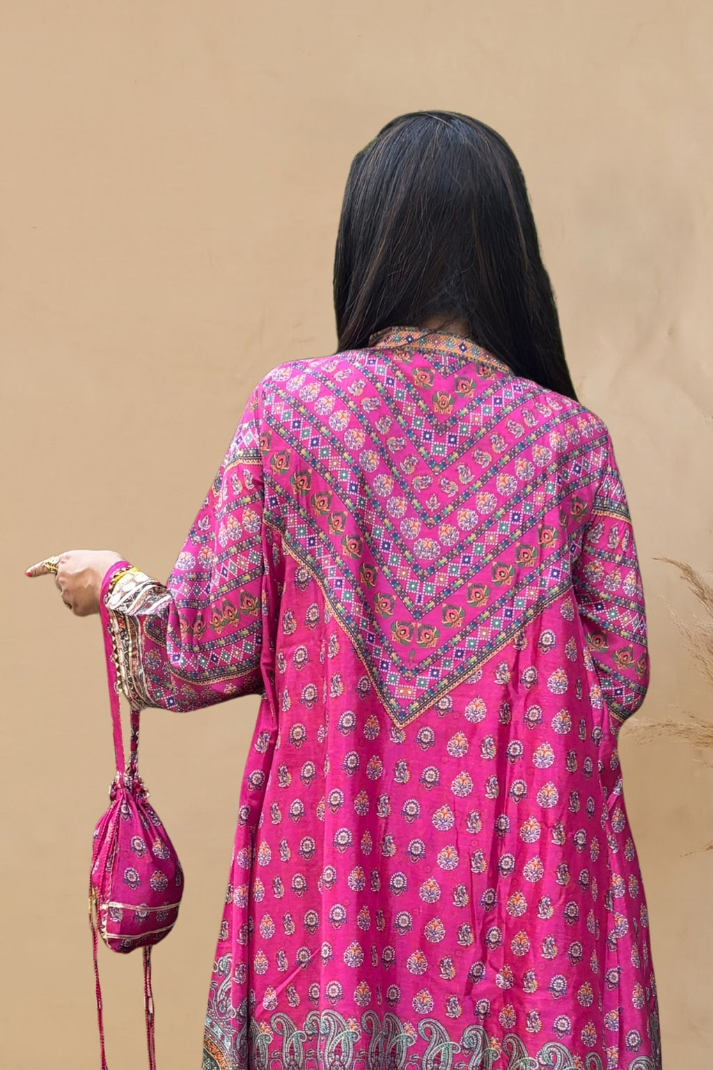 Pink Embellished Chinon Silk Kaftan Set