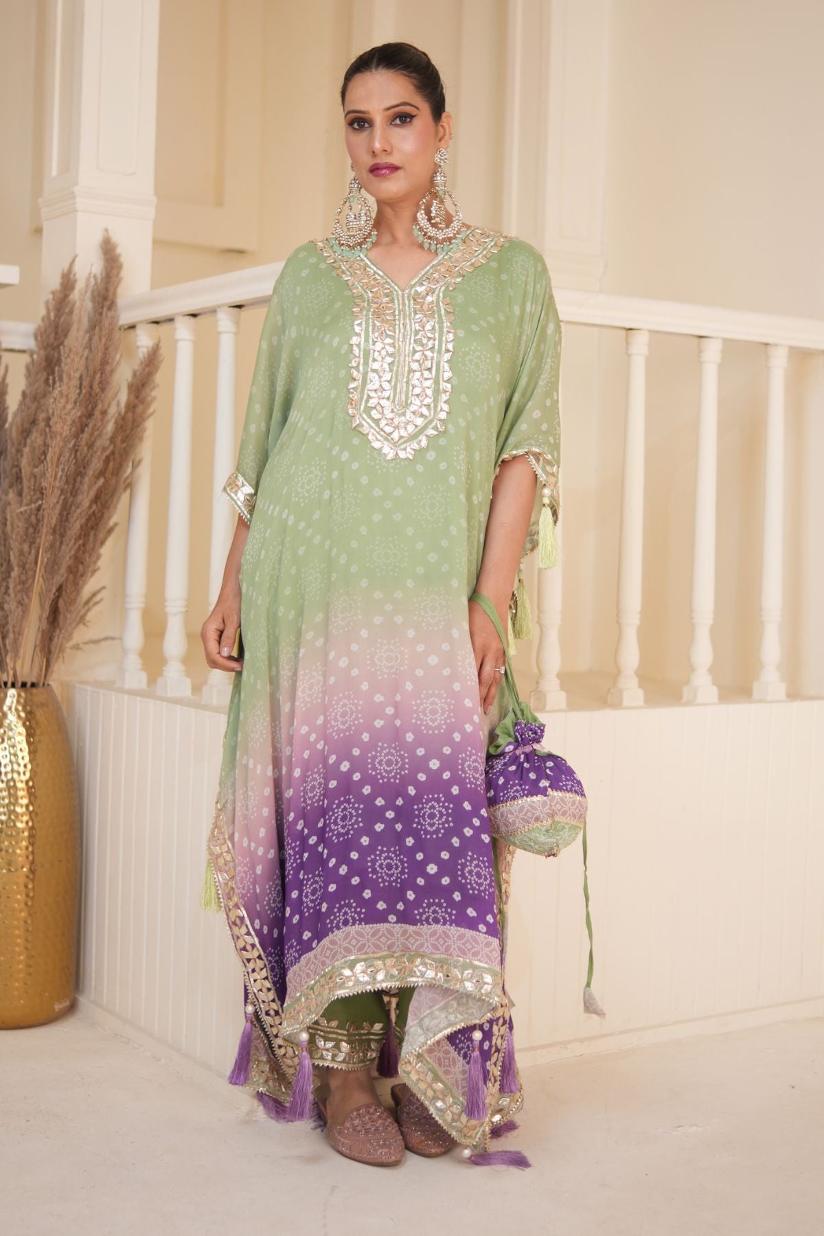 Pistachio Green Bandhej Ombre Kaftan Set