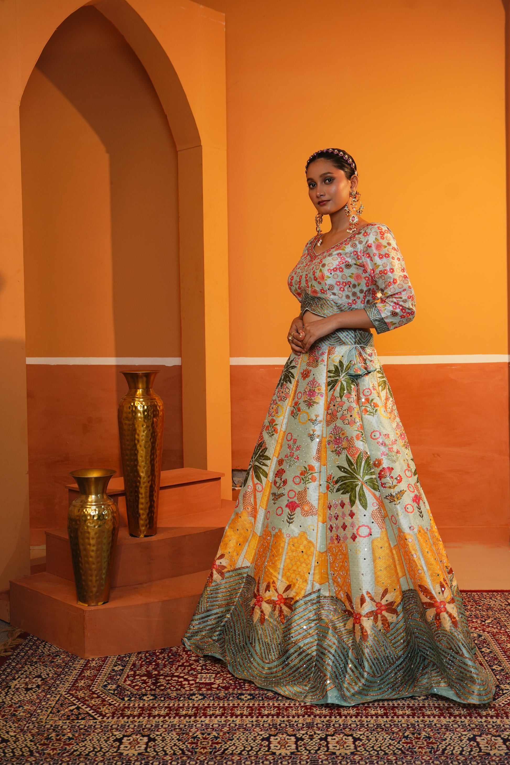 Pastel Mint Green Floral Butter Silk Lehenga Set