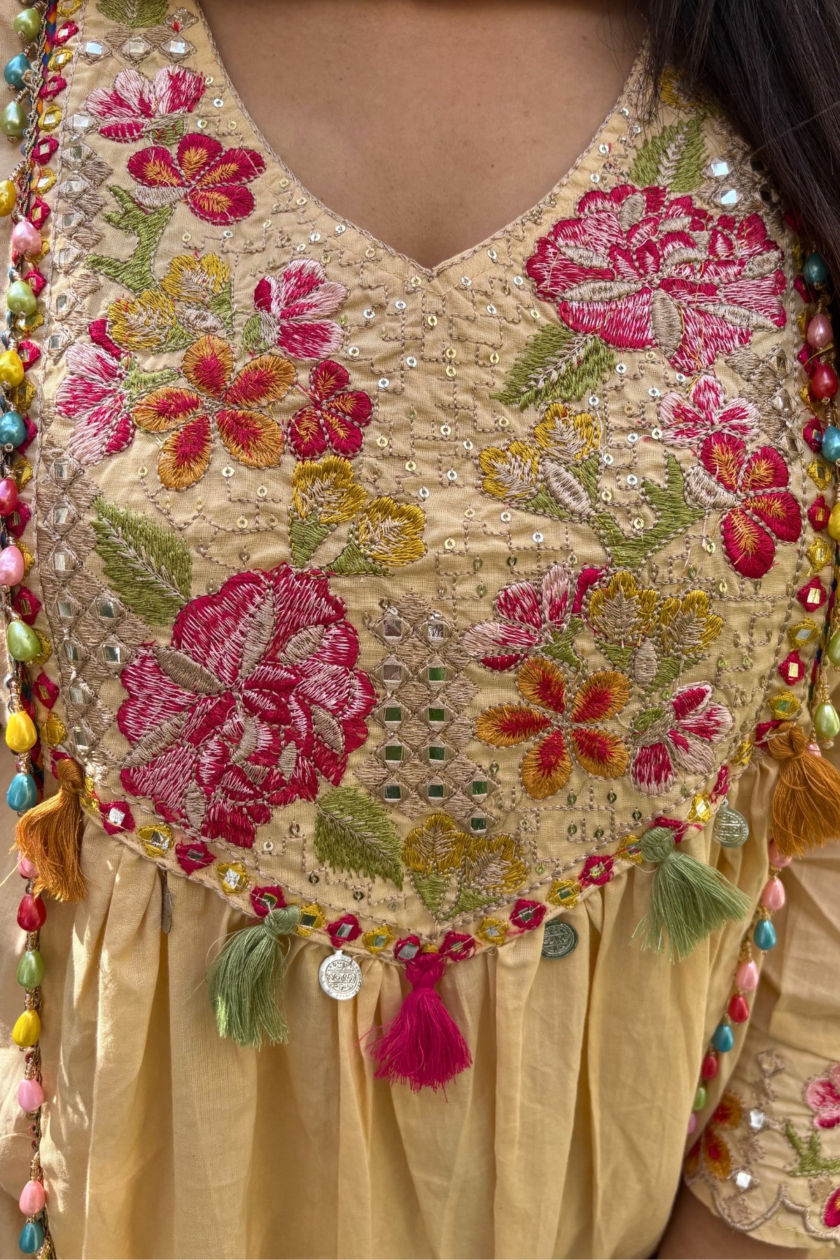 Cream Floral Embroidered Cotton Anarkali Suit Set