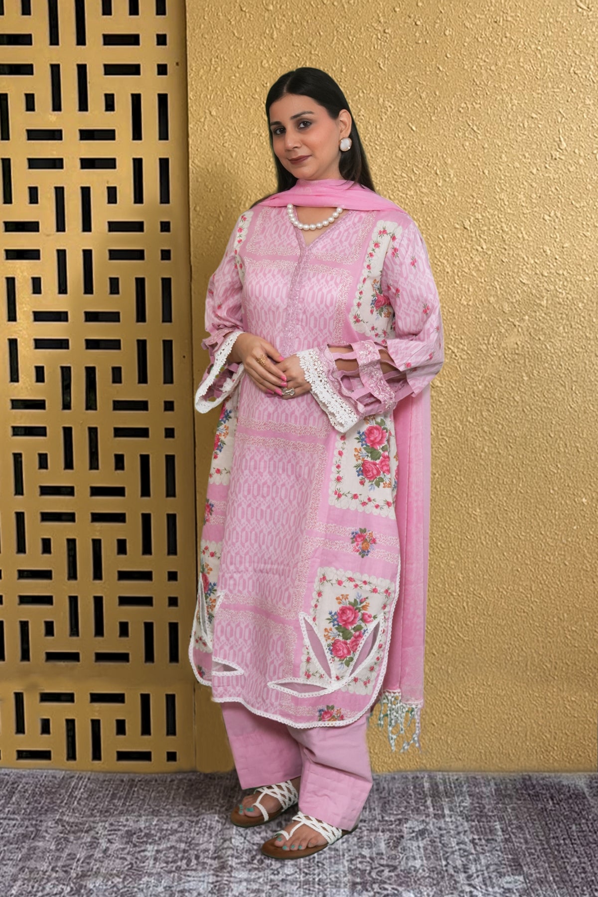 Arezia Blush Pink Lawn Kurta with Farshi Salwar Set