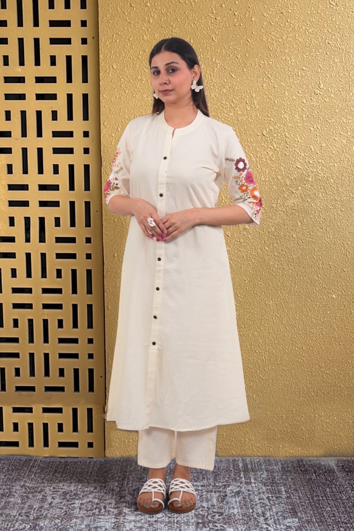 Off White Bloom Embroidered Cotton Kurta with Pants