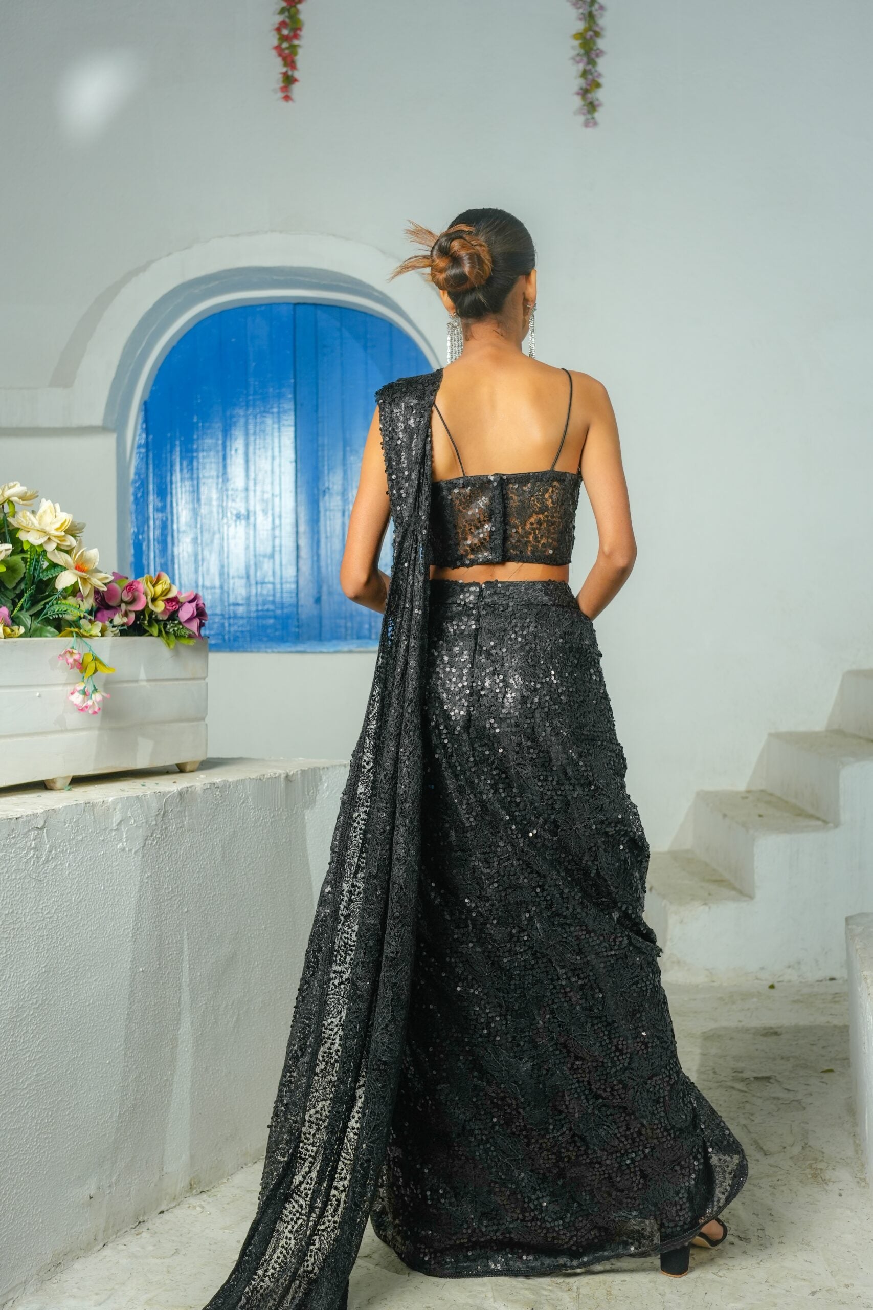Midnight Elegance – Black Net Drape Saree Set