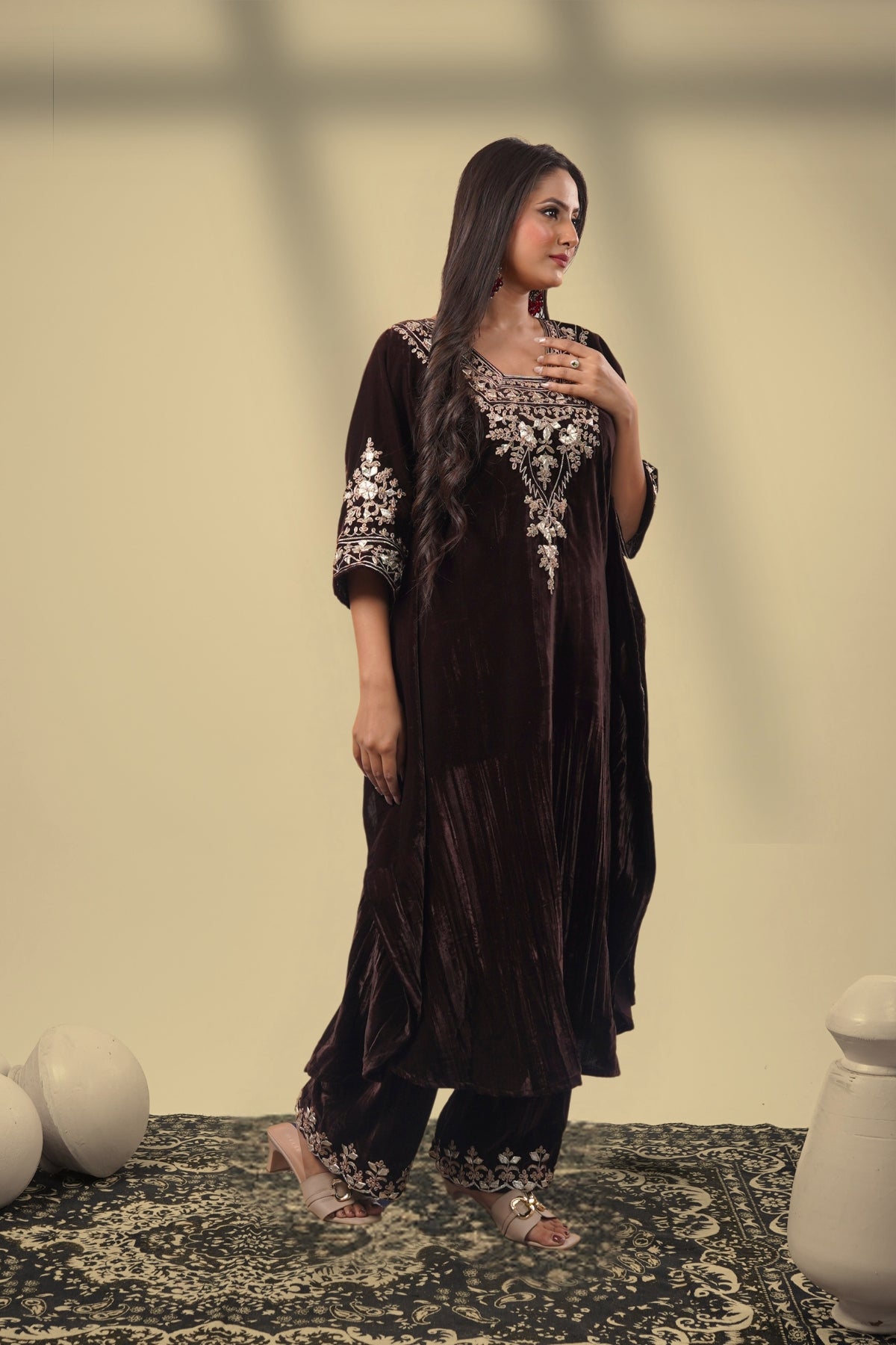 Kahwa-E-Shahi Velvet Gota Embroidered Kaftan With Plazzo