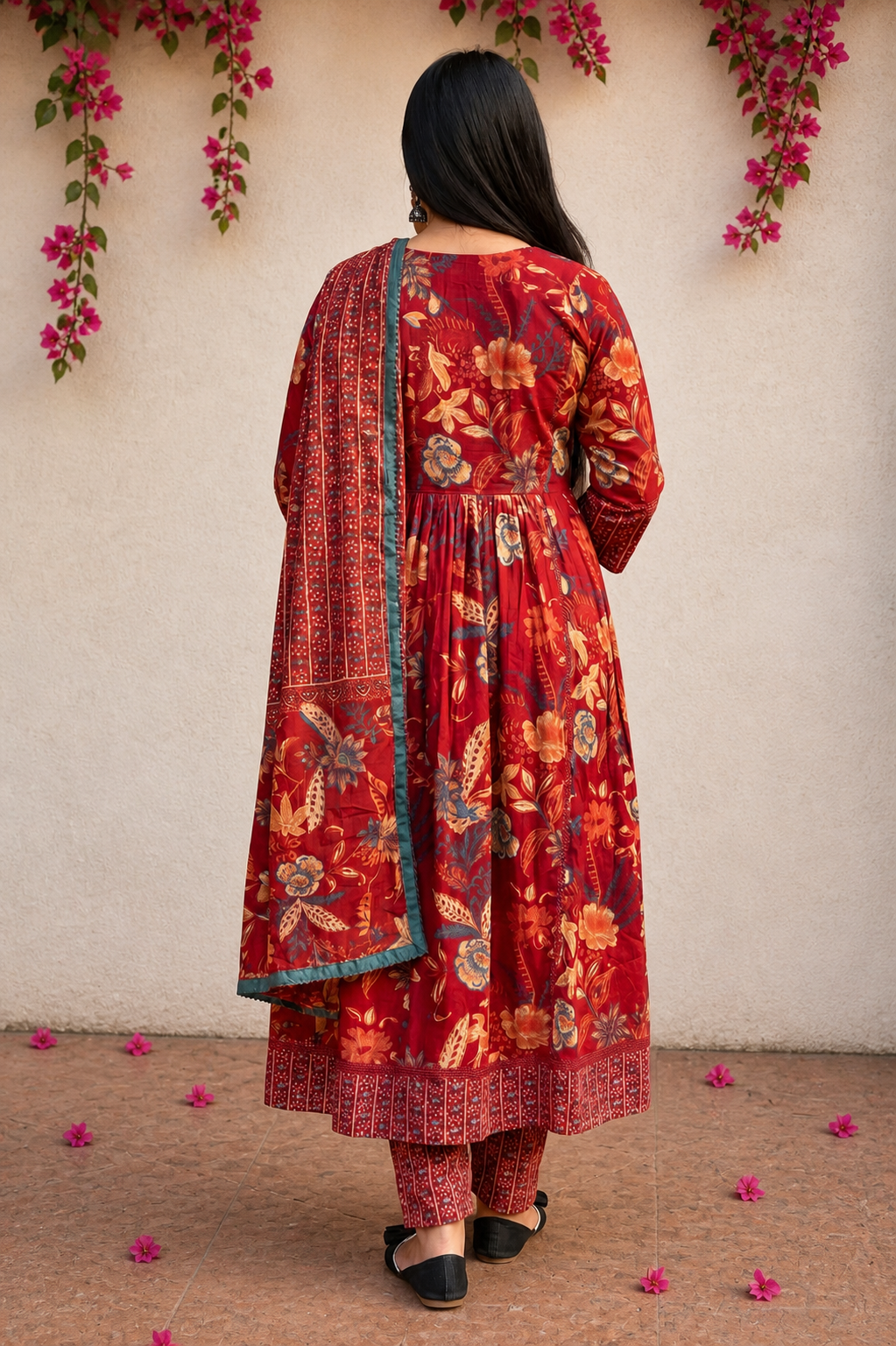 Gulnaar Rust Red Floral Printed Embroidered Suit Set