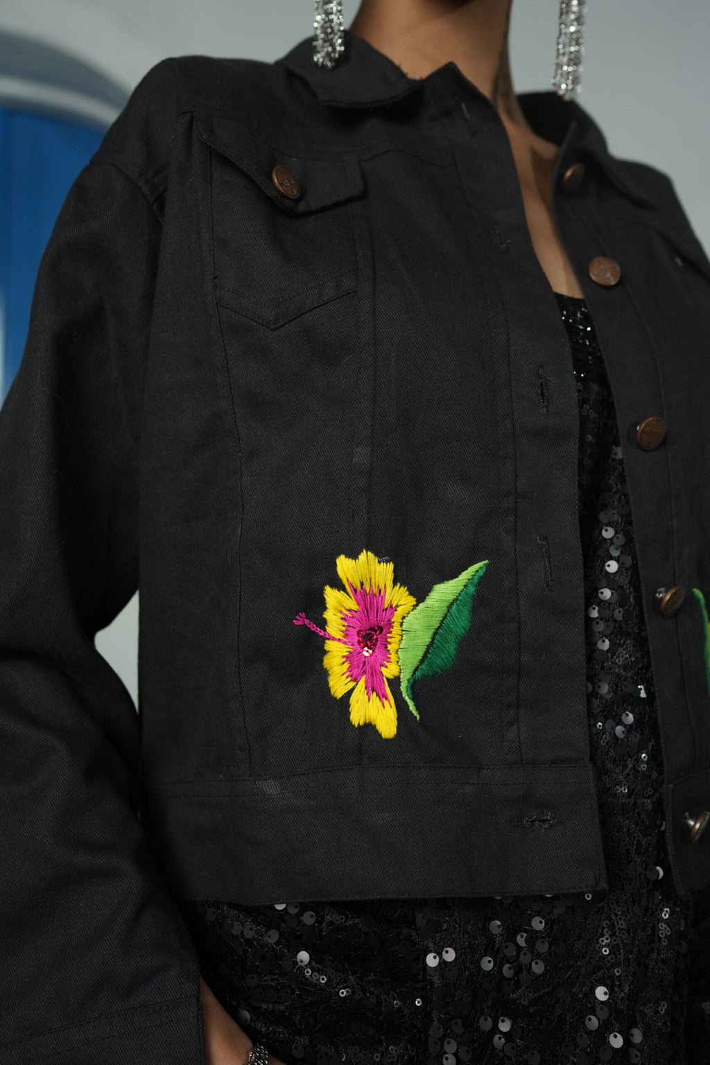 Hand Embroidered Black Denim Jacket