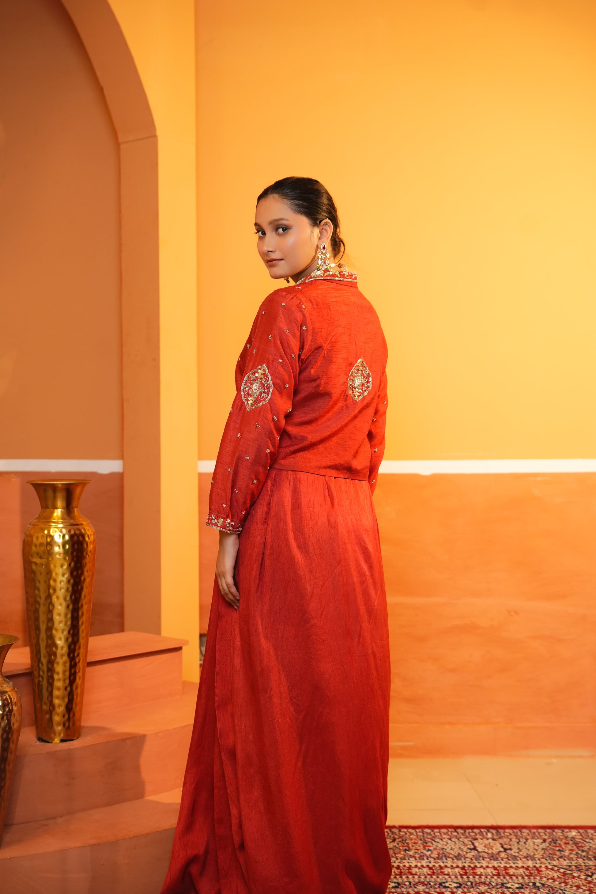 Imperial Red Draped Skirt With Blouse And Embroidered Jacket Set