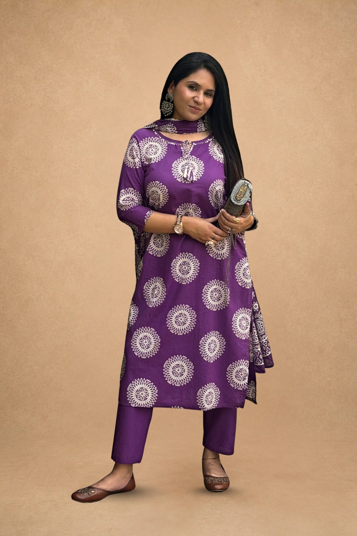 Purple Hand Block Printed Cotton Suit Set
