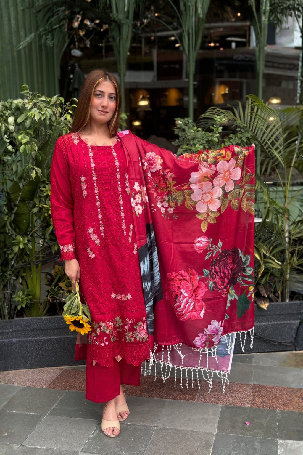 Gulrukh - Ruby Red Lawn Suit Set