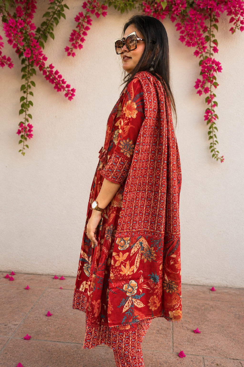 Gulnaar Rust Red Floral Printed Embroidered Suit Set