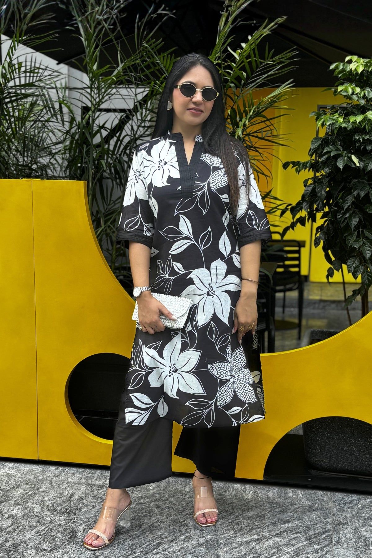 Black Flora Printed Cotton Kurta with Pants