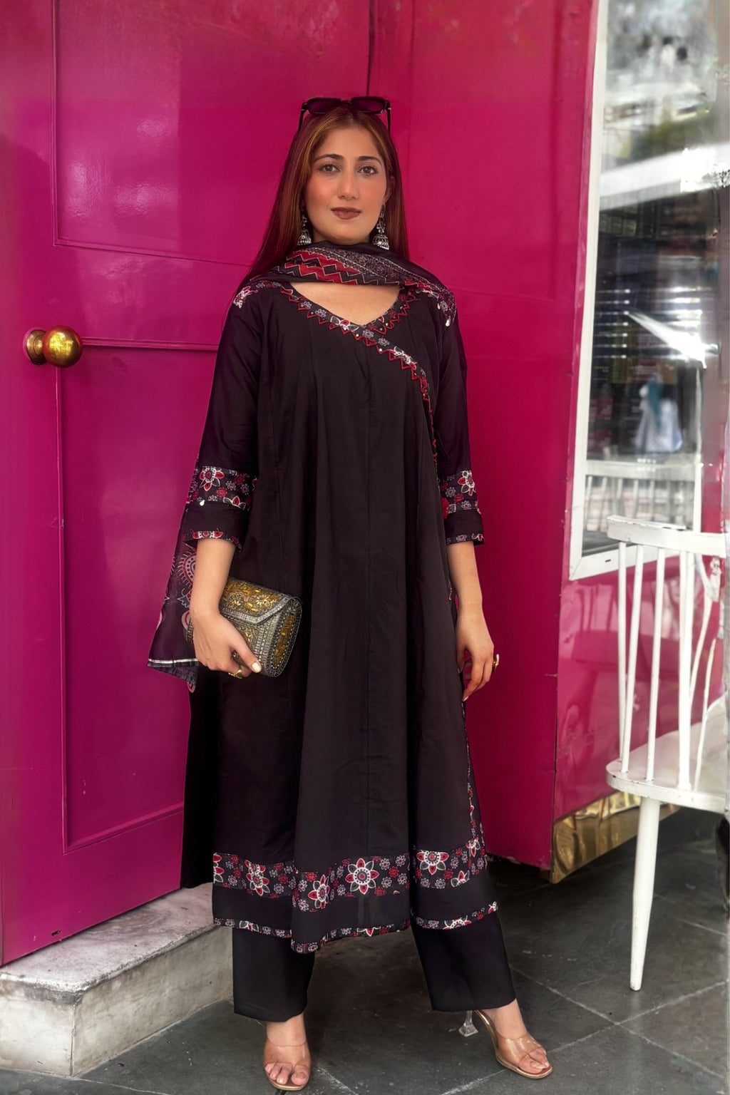 Black Zohra Cotton Slub Anarkali Suit Set