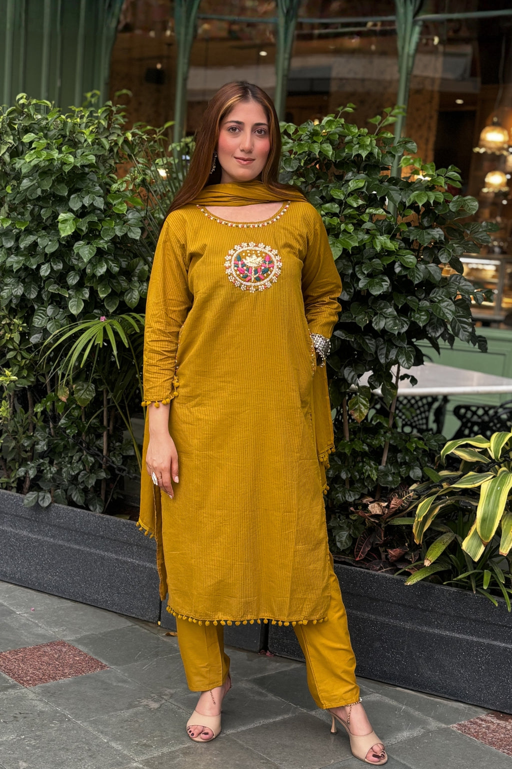 Golden Mustard Embroidered Cotton Suit Set