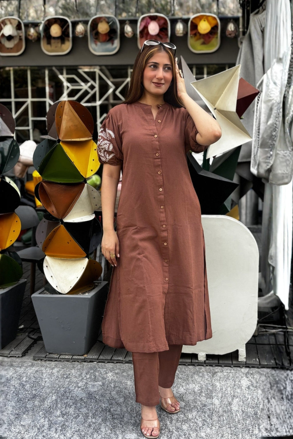Mocha Brown Embroidered Cotton Kurta with Pants