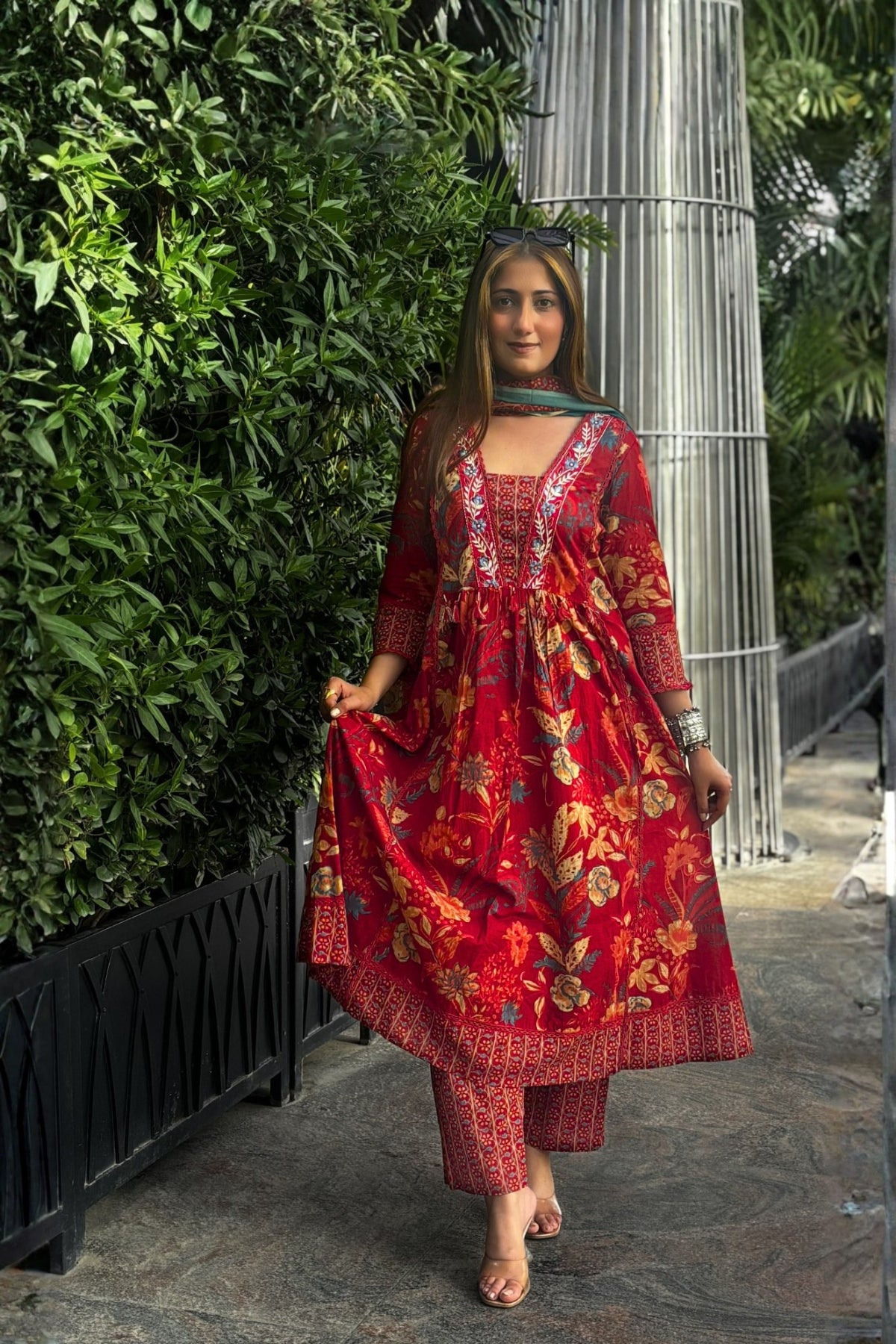 Gulnaar Rust Red Floral Printed Embroidered Suit Set