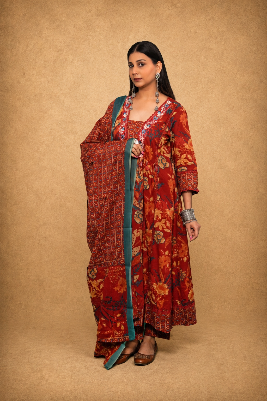 Gulnaar Rust Red Floral Printed Embroidered Suit Set
