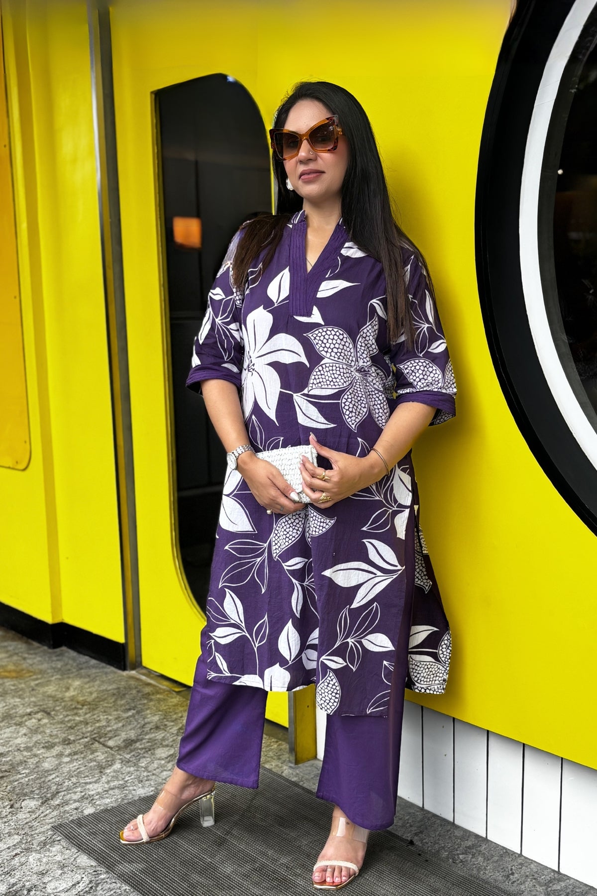 Purple Flora Printed Cotton Kurta with Pants
