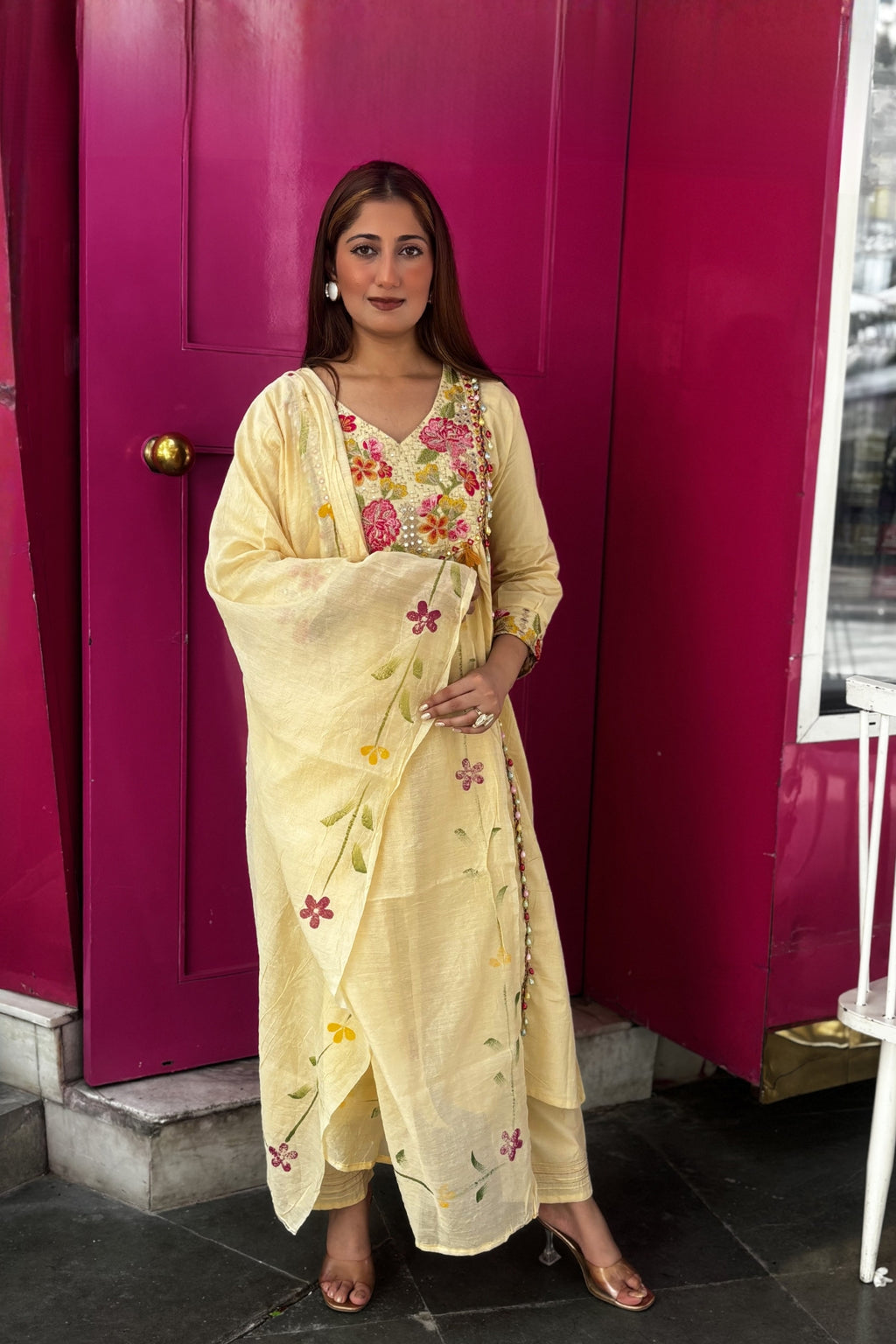 Cream Floral Embroidered Cotton Anarkali Suit Set