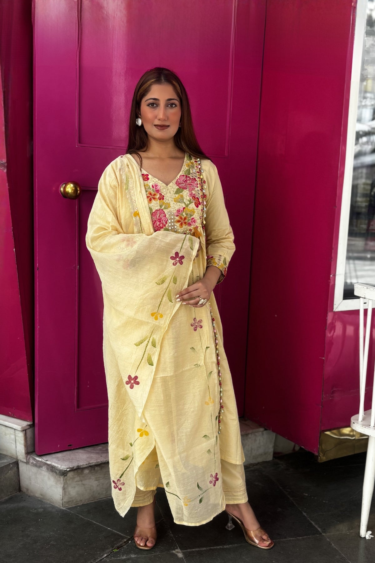 Cream Floral Embroidered Cotton Anarkali Suit Set