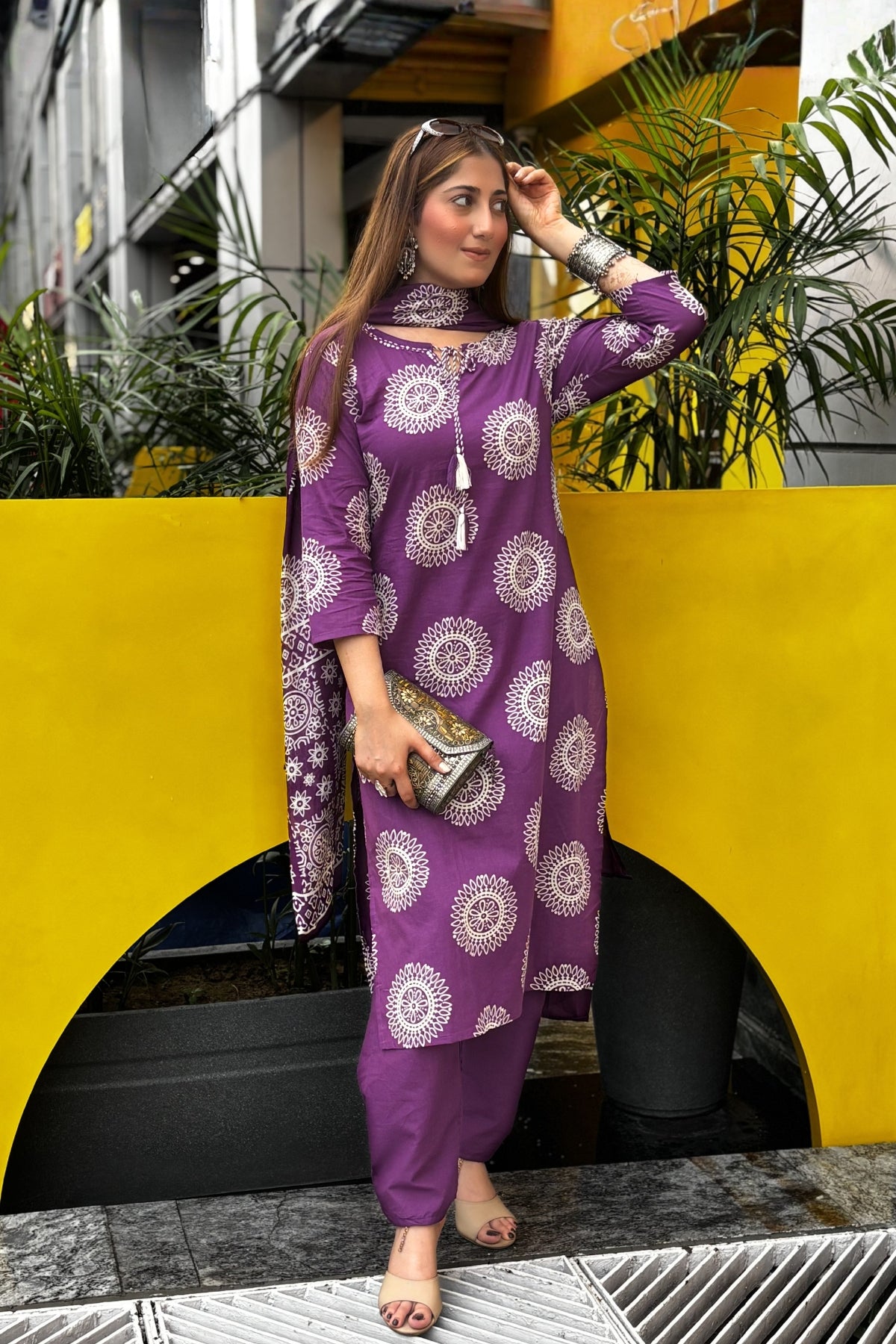 Purple Hand Block Printed Cotton Suit Set