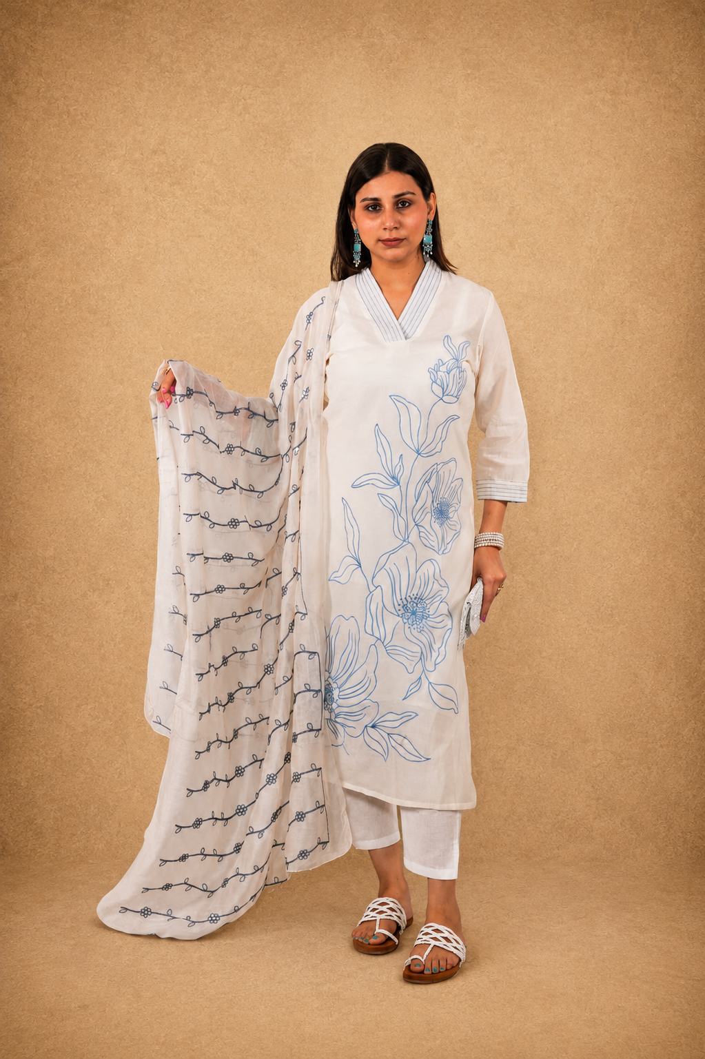Off White Blue Embroidered Mul Cotton Suit Set