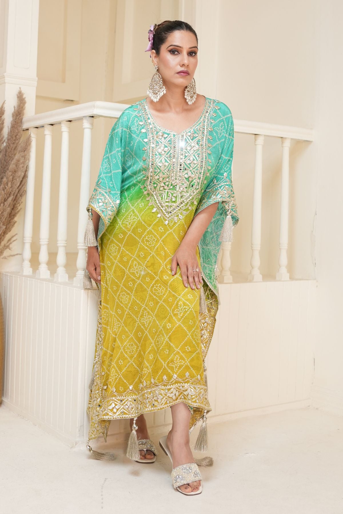 Mustard Yellow Bandhej Ombre Kaftan Set